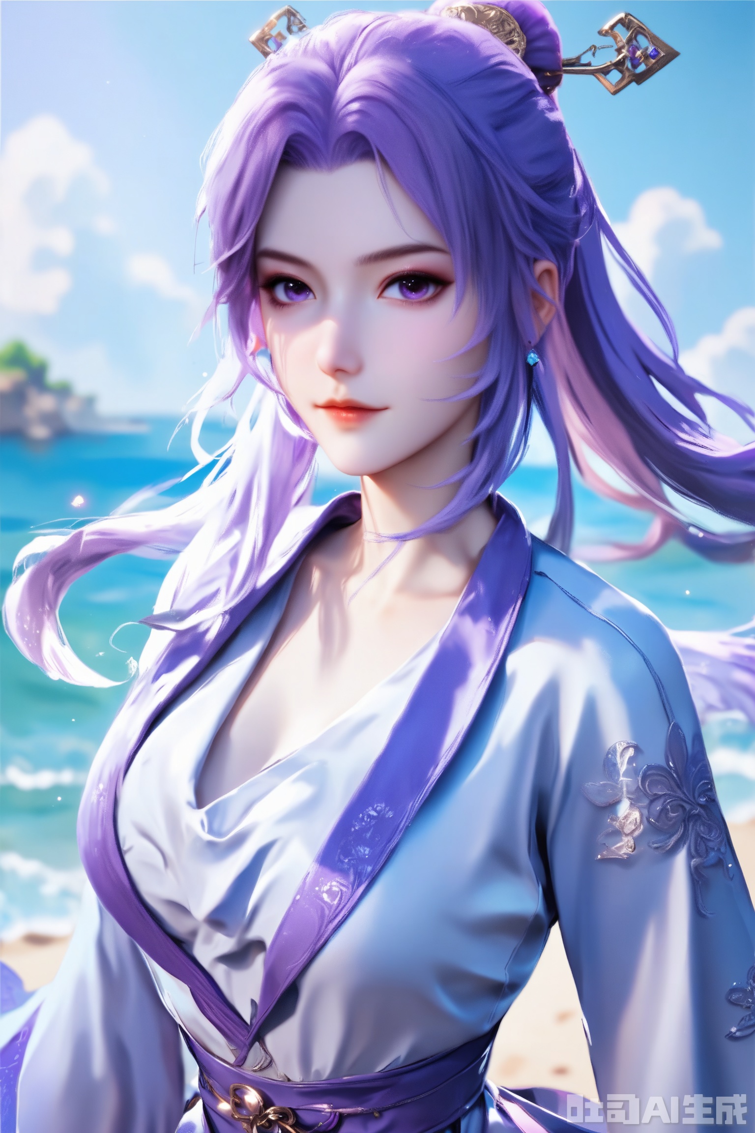 1girl, solo, score_9,score_8_up,long hair, hair ornament, long sleeves, dress, purple eyes,ponytail, purple hair, hair bun, white dress,  sash,The Purple Dress,upper body,looking at viewer,on the beach,on the beach,
