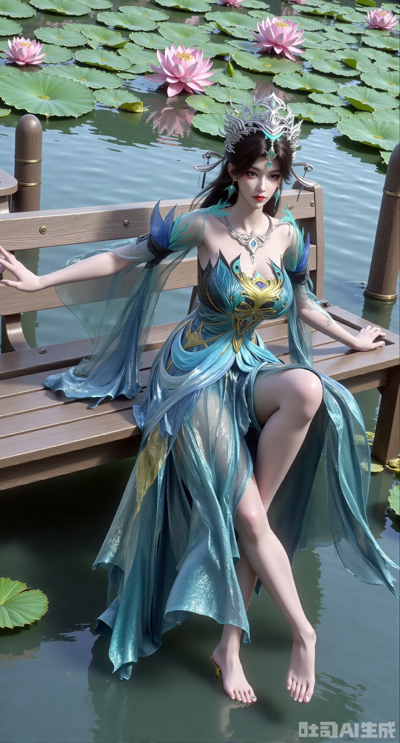 (masterpiece:1.2),best quality,The image is a digital illustration of a young woman sitting on a wooden bench in a pond with lily pads. She is wearing a long dress with design on the chest and sleeves. The dress has a high neckline and short sleeves,Holding a lotus in hand. She has long dark hair styled in loose waves and is wearing gold high heels. The woman is posing with one hand on her hip and the other resting on the edge of the bench. The background is filled with pink and white lotus flowers and green leaves. The overall mood of the image is peaceful and serene,(huge breasts:2.99),(full breasts:2.99),(Background with traditional Chinese architecture, lotus pond and pink lotus flowers:1.39),,XliumeiY,XyueliuY,Xyunwangshu,XlishaoyinY,XyunwangshuxiheY,XlinziyueYH,XtangzichenK,Xnuwashenian,Xbigbreasts,XyanqingfeiY,XyinyueXH