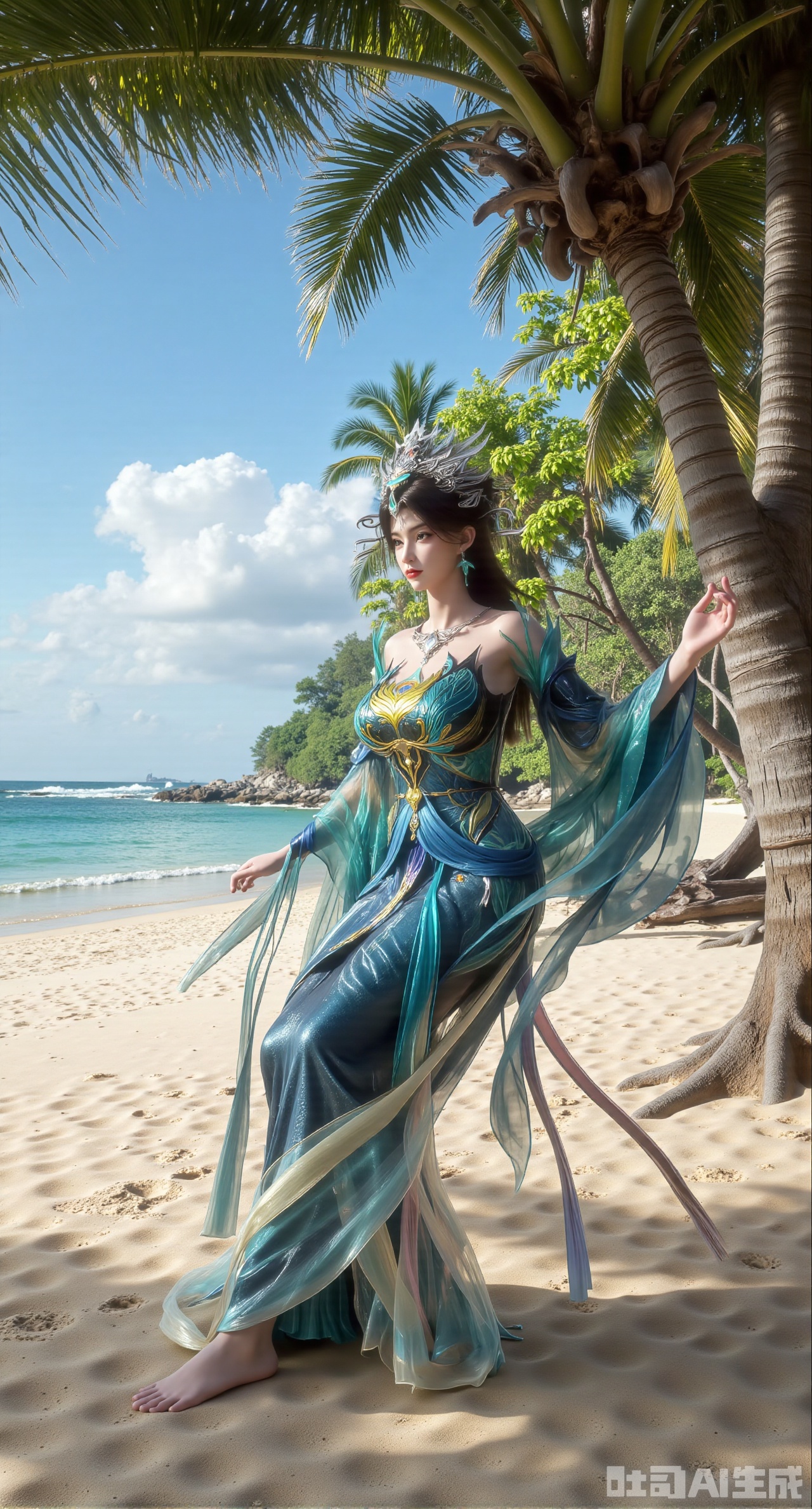  (masterpiece:1.2),(masterpiece:1.2),best quality,absurdres,masterpiece,original,extremely detailed wallpaper,perfect lighting,Golden sandy beach covered with vibrant flowers, turquoise waves gently lapping the shore, elegant woman in embroidered qipao swinging on a wooden swing under coconut trees, bright flower clusters spreading from sand to palm tree roots, soft natural light filtering through coconut leaves, ocean breeze lifting hair and qipao hem, high-resolution details showcasing petal textures and silk fabric sheen, ultra-wide angle lens capturing coastline panorama, cinematic color grading with soft focus on the central figure,(huge breasts:2.99),(full breasts:2.99),XliumeiY,XyueliuY,Xyunwangshu,XlishaoyinY,XyunwangshuxiheY,XlinziyueYH,XtangzichenK,Xnuwashenian,Xbigbreasts,XyanqingfeiY,XyinyueXH