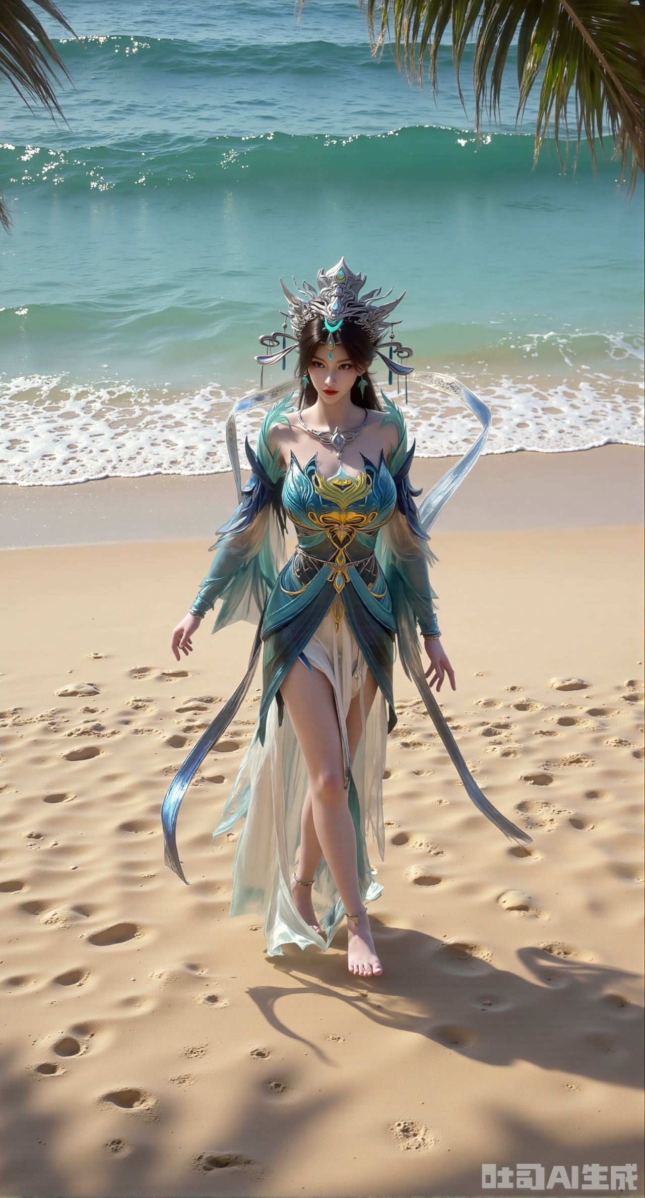 (masterpiece:1.2),best quality,1girl,solo,perfect lighting,Golden sandy beach covered with vibrant flowers, turquoise waves gently lapping the shore, , bright flower clusters spreading from sand to palm tree roots, soft natural light filtering through coconut leaves, ocean breeze lifting hair , ultra-wide angle lens capturing coastline panorama, cinematic color grading with soft focus on the central figure,(huge breasts:2.99),(full breasts:2.99),,XliumeiY,XyueliuY,Xyunwangshu,XlishaoyinY,XyunwangshuxiheY,XlinziyueYH,XtangzichenK,Xnuwashenian,Xbigbreasts,XyanqingfeiY,XyinyueXH