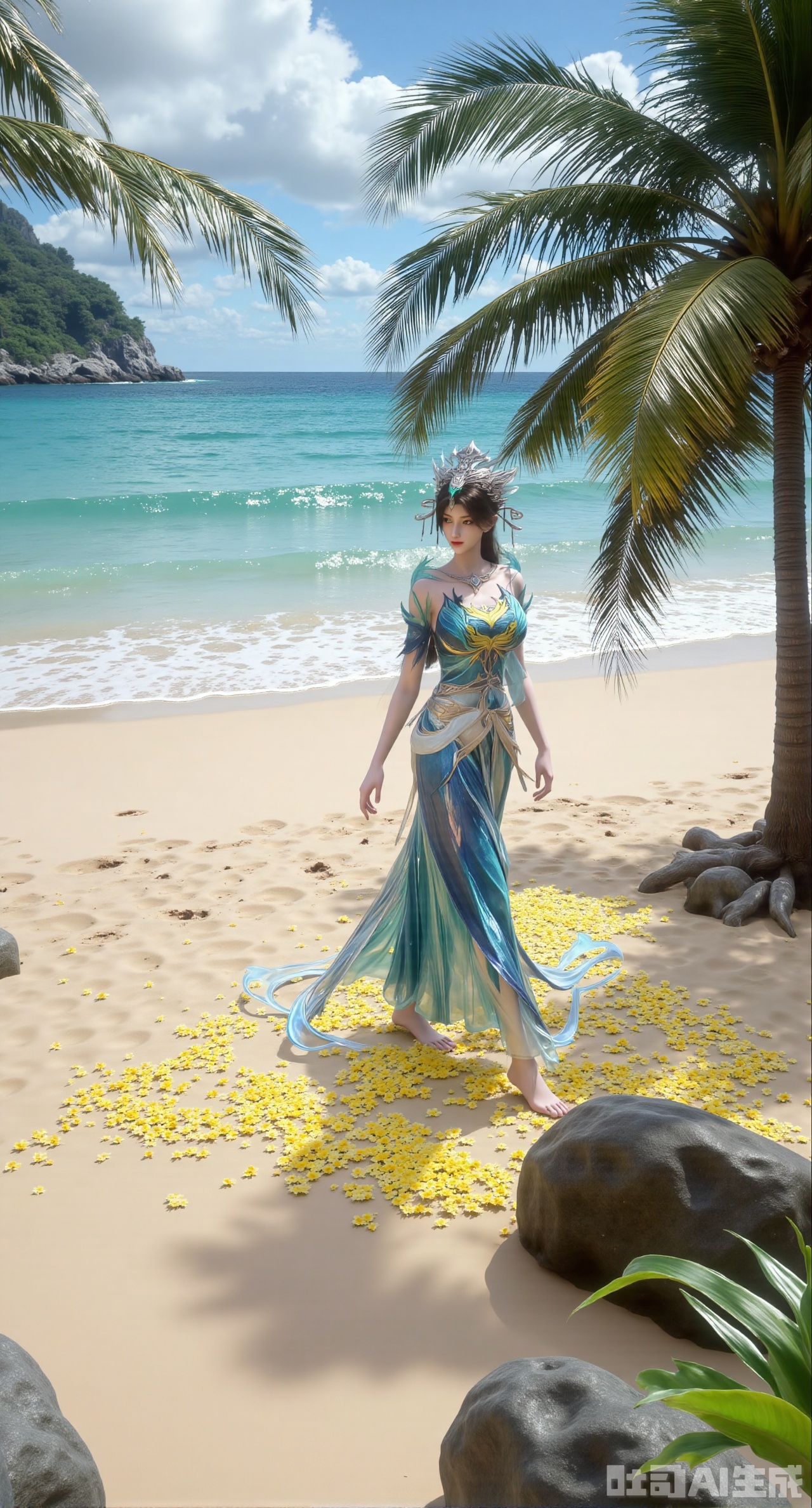(masterpiece:1.2),best quality,1girl,solo,perfect lighting,Golden sandy beach covered with vibrant flowers, turquoise waves gently lapping the shore, , bright flower clusters spreading from sand to palm tree roots, soft natural light filtering through coconut leaves, ocean breeze lifting hair , ultra-wide angle lens capturing coastline panorama, cinematic color grading with soft focus on the central figure,(huge breasts:2.99),(full breasts:2.99),,XliumeiY,XyueliuY,Xyunwangshu,XlishaoyinY,XyunwangshuxiheY,XlinziyueYH,XtangzichenK,Xnuwashenian,Xbigbreasts,XyanqingfeiY,XyinyueXH