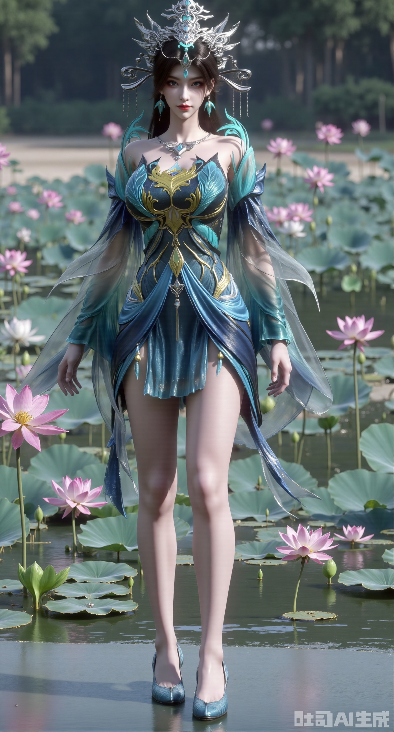 (masterpiece:1.2),best quality, (UE5.5,rendered with Unreal Engine 5,Unreal Engine 5,CG rendering), (masterpiece:1.2),,1girl,solo,standing,looking at viewer,(cowboy_shot:1.3),black hair,long hair,high heels,blurry background,depth of field,motion blur,short dress,china_dress,chinese_style,bare shouders,crystal_earrings,headpiece,hair_tie,chest_jewel,gem,necklace,jewelry,in summer,day,outdoors,nature,sea,(beach:1.4),(huge breasts:2.99),(full breasts:2.99),(lotus pond and pink lotus flowers:1.59),,(very long legs,Diamond-studded high heels:1.5),XliumeiY,XyueliuY,Xyunwangshu,XlishaoyinY,XyunwangshuxiheY,XlinziyueYH,XtangzichenK,Xnuwashenian,Xbigbreasts,XyanqingfeiY,XyinyueXH