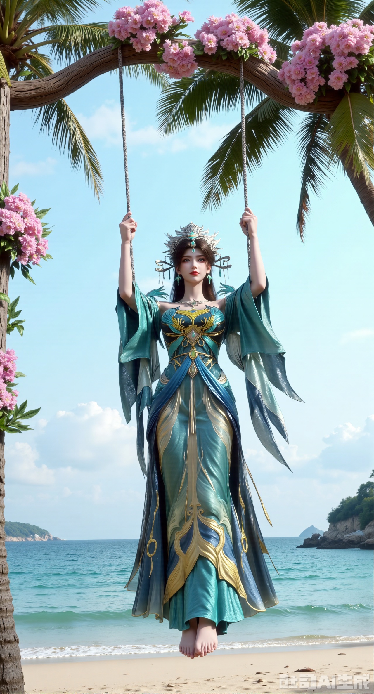  (masterpiece:1.2),(masterpiece:1.2),best quality,absurdres,masterpiece,original,extremely detailed wallpaper,perfect lighting,Golden sandy beach covered with vibrant flowers, turquoise waves gently lapping the shore, elegant woman in embroidered qipao swinging on a wooden swing under coconut trees, bright flower clusters spreading from sand to palm tree roots, soft natural light filtering through coconut leaves, ocean breeze lifting hair and qipao hem, high-resolution details showcasing petal textures and silk fabric sheen, ultra-wide angle lens capturing coastline panorama, cinematic color grading with soft focus on the central figure,(huge breasts:2.99),(full breasts:2.99),XliumeiY,XyueliuY,Xyunwangshu,XlishaoyinY,XyunwangshuxiheY,XlinziyueYH,XtangzichenK,Xnuwashenian,Xbigbreasts,XyanqingfeiY,XyinyueXH
