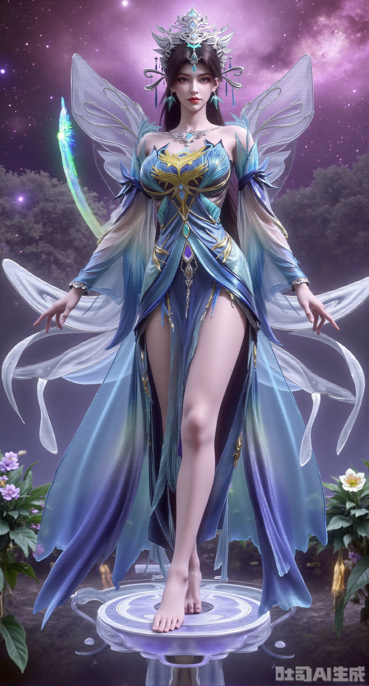 (masterpiece, best quality:1.2),1girl,looking_at_viewer,huge_breasts,,long legs,realistic,A captivating fantasy elf portrait set in a surreal, floating garden in the sky. The elf, with iridescent, translucent wings like those of a dragonfly, sits gracefully on a floating crystal lily pad. Her flowing hair shimmers with every color of the rainbow and cascades down, merging with the floating flora around her. Her eyes are deep pools of starlight, and her delicate, silver gown is adorned with tiny, twinkling constellations. The garden is filled with glowing, bioluminescent flowers and whimsical, hovering orbs of light. The backdrop features a swirling nebula sky with vibrant hues of pink and purple, creating a dreamlike, cosmic atmosphere. The portrait combines elements of ethereal beauty and celestial wonder, blending fantasy with a touch of otherworldly magic.,high_heel,, argyle legwear,star \(symbol\,yeqingxian,brown hair,(huge breasts:2.99),(full breasts:2.99),X,XliumeiY,XyueliuY,Xyunwangshu,XlishaoyinY,XyunwangshuxiheY,XlinziyueYH,XtangzichenK,Xnuwashenian,Xbigbreasts,XyanqingfeiY,XyinyueXH