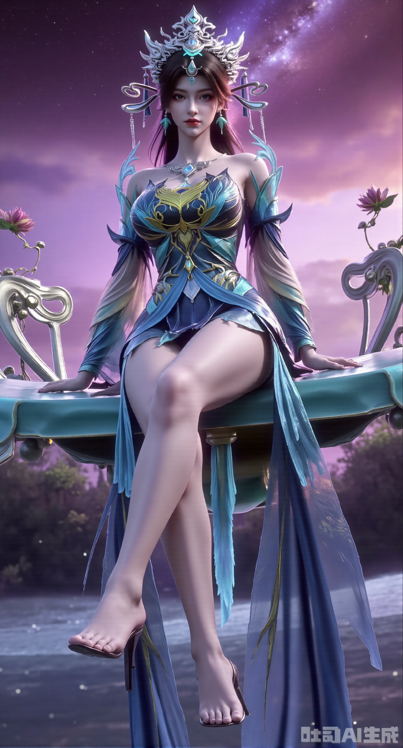 (masterpiece, best quality:1.2),1girl,looking_at_viewer,huge_breasts,,long legs,realistic,A captivating fantasy elf portrait set in a surreal, floating garden in the sky. The elf, with iridescent, translucent wings like those of a dragonfly, sits gracefully on a floating crystal lily pad. Her flowing hair shimmers with every color of the rainbow and cascades down, merging with the floating flora around her. Her eyes are deep pools of starlight, and her delicate, silver gown is adorned with tiny, twinkling constellations. The garden is filled with glowing, bioluminescent flowers and whimsical, hovering orbs of light. The backdrop features a swirling nebula sky with vibrant hues of pink and purple, creating a dreamlike, cosmic atmosphere. The portrait combines elements of ethereal beauty and celestial wonder, blending fantasy with a touch of otherworldly magic.,high_heel,, argyle legwear,star \(symbol\,yeqingxian,brown hair,(huge breasts:2.99),(full breasts:2.99),X,XliumeiY,XyueliuY,Xyunwangshu,XlishaoyinY,XyunwangshuxiheY,XlinziyueYH,XtangzichenK,Xnuwashenian,Xbigbreasts,XyanqingfeiY,XyinyueXH