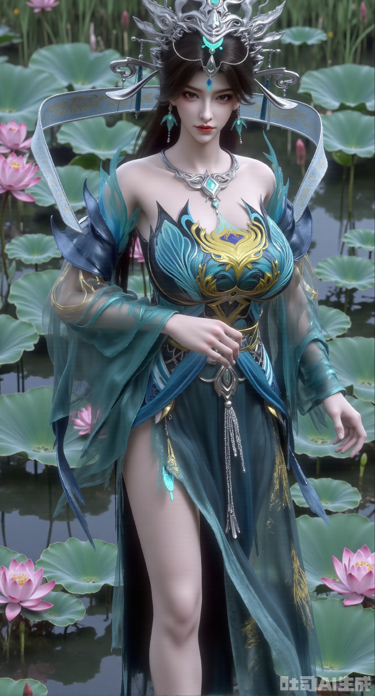(masterpiece:1.2),best quality, (UE5.5,rendered with Unreal Engine 5,Unreal Engine 5,CG rendering), (masterpiece:1.2),,1girl,solo,standing,looking at viewer,(cowboy_shot:1.3),black hair,long hair,high heels,blurry background,depth of field,motion blur,short dress,china_dress,chinese_style,bare shouders,crystal_earrings,headpiece,hair_tie,chest_jewel,gem,necklace,jewelry,in summer,day,outdoors,nature,sea,(beach:1.4),(huge breasts:2.99),(full breasts:2.99),(lotus pond and pink lotus flowers:1.59),,(very long legs,Diamond-studded high heels:1.5),XliumeiY,XyueliuY,Xyunwangshu,XlishaoyinY,XyunwangshuxiheY,XlinziyueYH,XtangzichenK,Xnuwashenian,Xbigbreasts,XyanqingfeiY,XyinyueXH