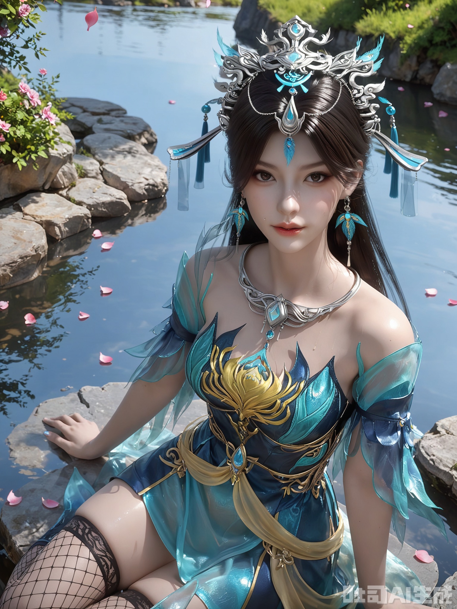 score_9,score_8_up,score_7_up,realistic,photorealistic,1girl,looking_at_viewer,realistic,1girl,Vivid Colors,bright environment,delicate water,hair_ornament,shiny skin,shiny hair,reflection,dress,flower sea,falling petals,extreme detail description,(upper body:0.3),put one hand on your side,long_hair,(skindentation:1.3),Fishnet stockings,bright,sunshine on face,light,sweating,dress,light,sitting_down,glowing,sunshine,bright,reflection,pale_skin,chinese clothes,
