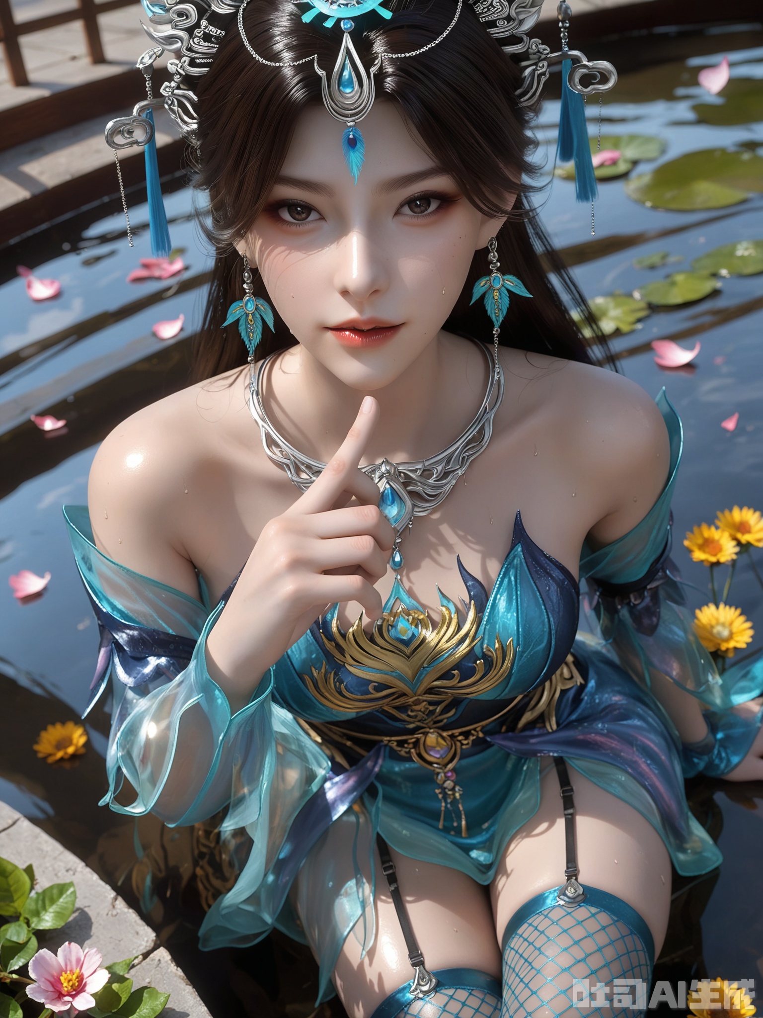 score_9,score_8_up,score_7_up,realistic,photorealistic,1girl,looking_at_viewer,realistic,1girl,Vivid Colors,bright environment,delicate water,hair_ornament,shiny skin,shiny hair,reflection,dress,flower sea,falling petals,extreme detail description,(upper body:0.3),put one hand on your side,long_hair,(skindentation:1.3),Fishnet stockings,bright,sunshine on face,light,sweating,dress,light,sitting_down,glowing,sunshine,bright,reflection,pale_skin,chinese clothes,