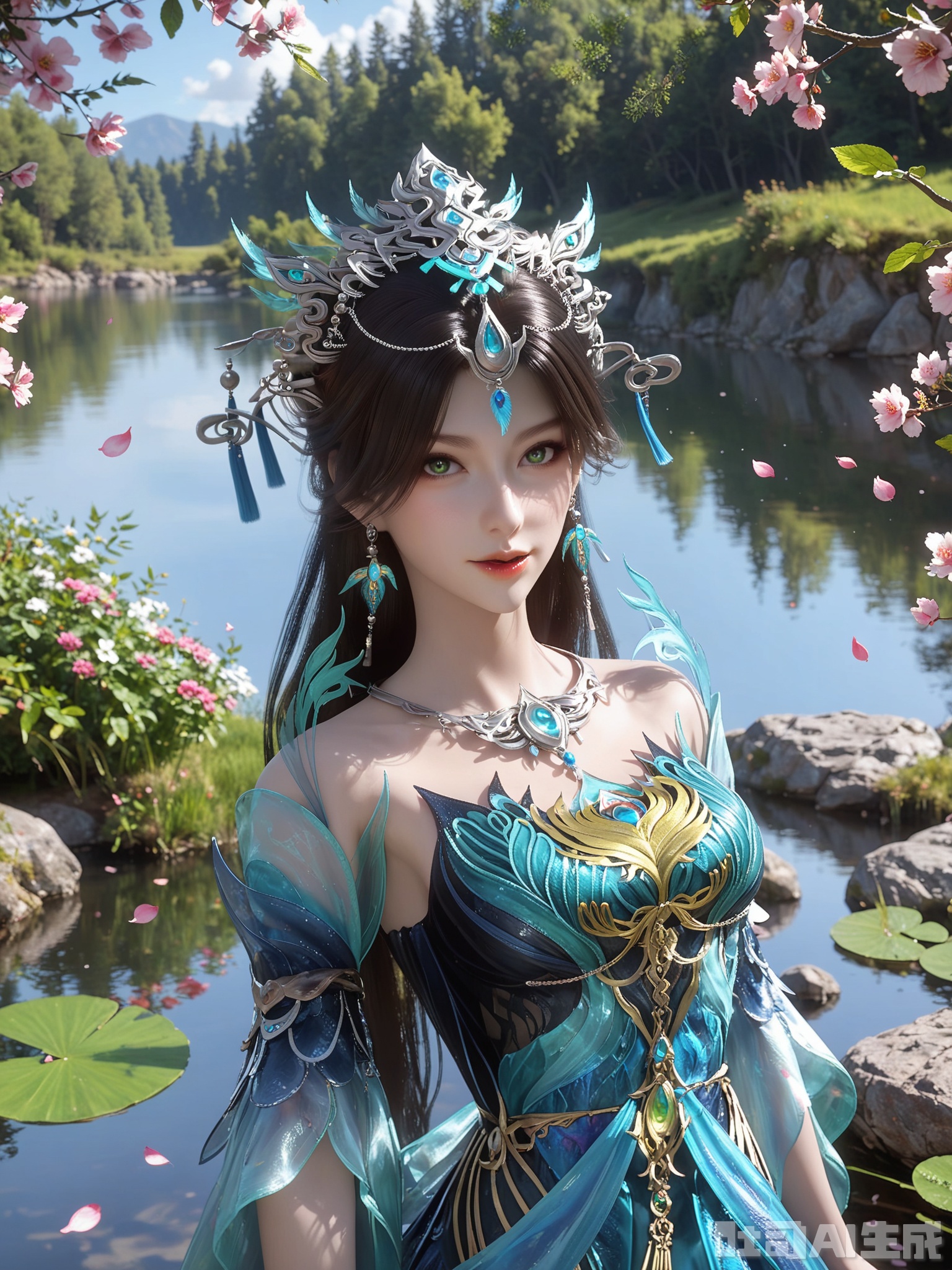 score_9,score_8_up,score_7_up,1girl,looking_at_viewer,realistic,1girl,Vivid Colors,bright environment,sunshine,god light,lake,delicate water surface,hair_ornament,shiny skin,shiny hair,reflection,(wariza:1.2),blue dress,jewelery,flower sea,falling petals,extreme detail description,bright sunlight,bright_pupils,frontal lighting,(upper body:1),green eyes