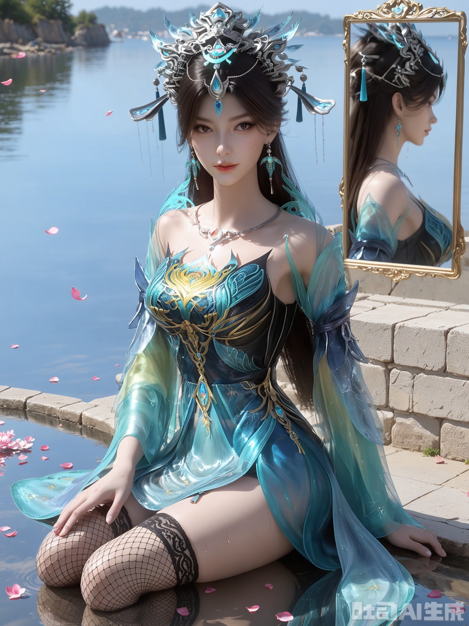 score_9,score_8_up,score_7_up,realistic,photorealistic,1girl,looking_at_viewer,realistic,1girl,Vivid Colors,bright environment,delicate water,hair_ornament,shiny skin,shiny hair,reflection,dress,flower sea,falling petals,extreme detail description,(upper body:0.3),put one hand on your side,long_hair,(skindentation:1.3),Fishnet stockings,bright,sunshine on face,light,sweating,dress,light,sitting_down,glowing,sunshine,bright,reflection,pale_skin,chinese clothes,