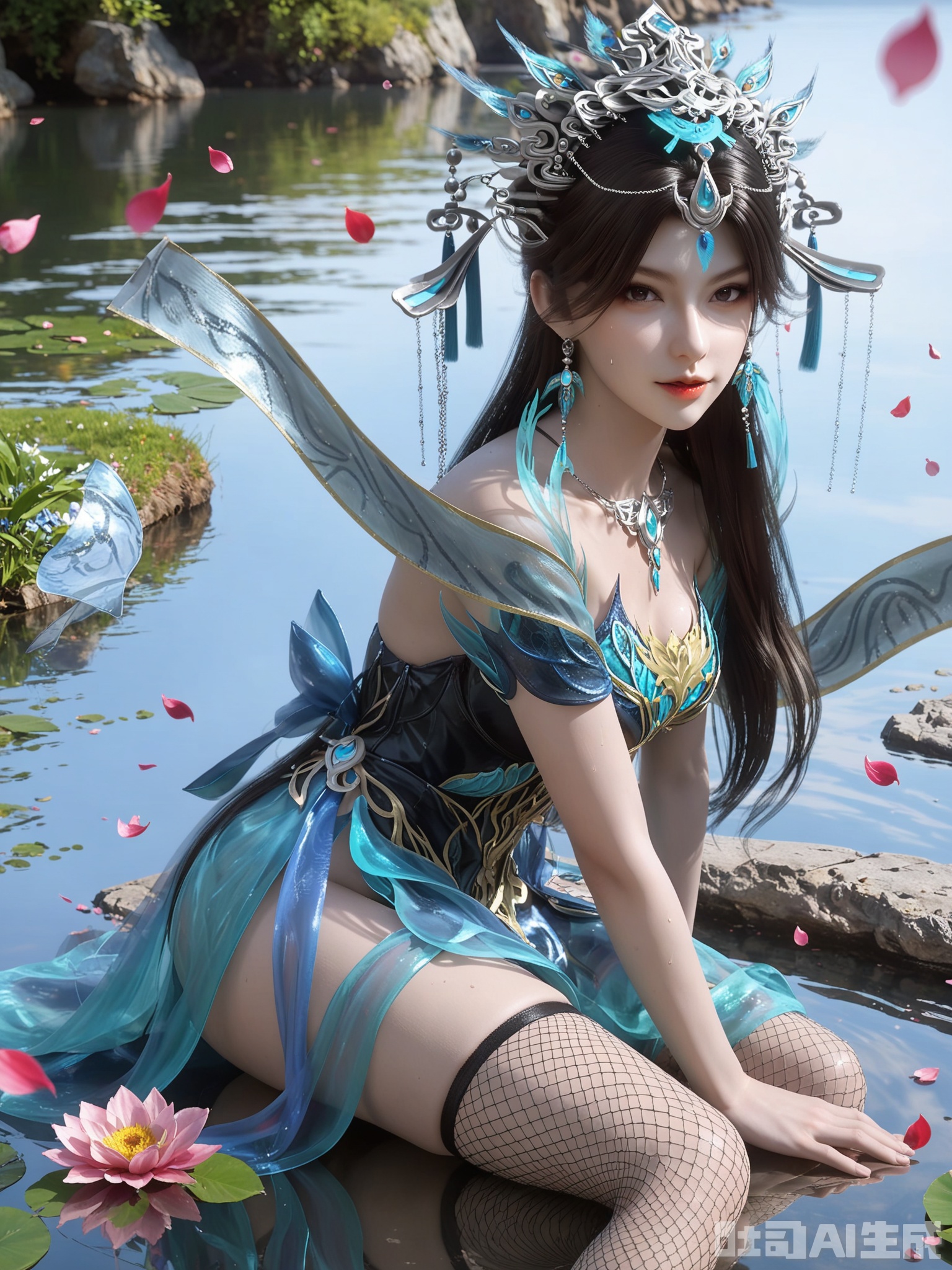 score_9,score_8_up,score_7_up,realistic,photorealistic,1girl,looking_at_viewer,realistic,dynamic poses,1girl,Vivid Colors,bright environment,delicate water,hair_ornament,shiny skin,shiny hair,reflection,dress,flower sea,falling petals,extreme detail description,(upper body:0.3),put one hand on your side,long_hair,(skindentation:1.3),Fishnet stockings,bright,sunshine on face,light,sweating,dress,light,sitting_down,floating ribbon,long silk scarf,chinese-style stole,