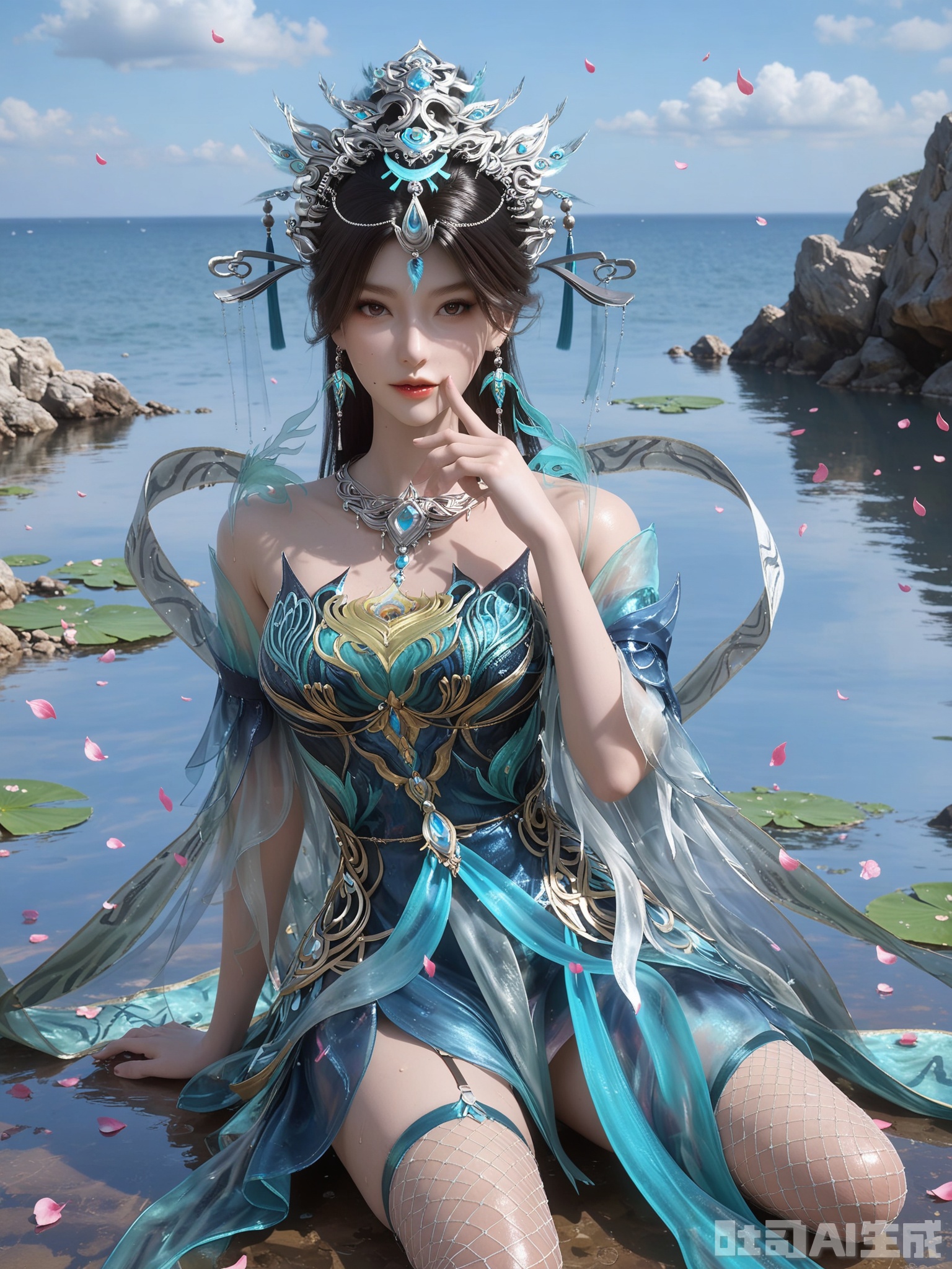 score_9,score_8_up,score_7_up,realistic,photorealistic,1girl,looking_at_viewer,realistic,dynamic poses,1girl,Vivid Colors,bright environment,delicate water,hair_ornament,shiny skin,shiny hair,reflection,dress,flower sea,falling petals,extreme detail description,(upper body:0.3),put one hand on your side,long_hair,(skindentation:1.3),Fishnet stockings,bright,sunshine on face,light,sweating,dress,light,sitting_down,floating ribbon,long silk scarf,chinese-style stole,