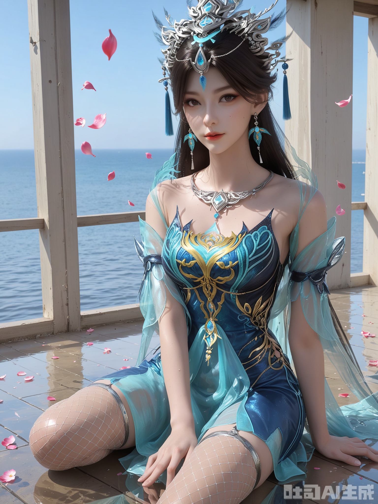score_9,score_8_up,score_7_up,realistic,photorealistic,1girl,looking_at_viewer,realistic,1girl,Vivid Colors,bright environment,delicate water,hair_ornament,shiny skin,shiny hair,reflection,dress,flower sea,falling petals,extreme detail description,(upper body:0.3),put one hand on your side,long_hair,(skindentation:1.3),Fishnet stockings,bright,sunshine on face,light,sweating,dress,light,sitting_down,glowing,sunshine,bright,reflection,pale_skin,chinese clothes,