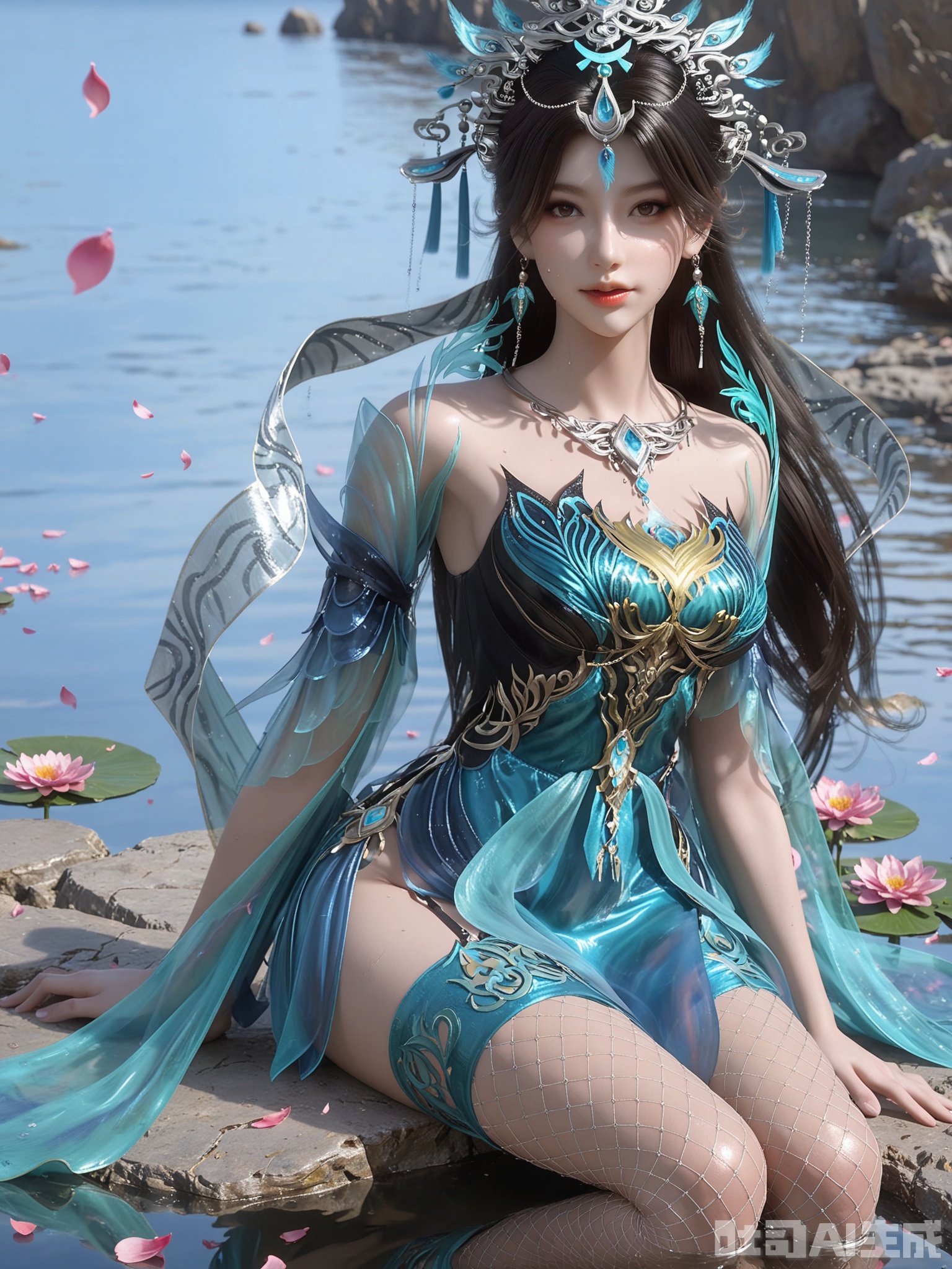 score_9,score_8_up,score_7_up,realistic,photorealistic,1girl,looking_at_viewer,realistic,dynamic poses,1girl,Vivid Colors,bright environment,delicate water,hair_ornament,shiny skin,shiny hair,reflection,dress,flower sea,falling petals,extreme detail description,(upper body:0.3),put one hand on your side,long_hair,(skindentation:1.3),Fishnet stockings,bright,sunshine on face,light,sweating,dress,light,sitting_down,floating ribbon,long silk scarf,