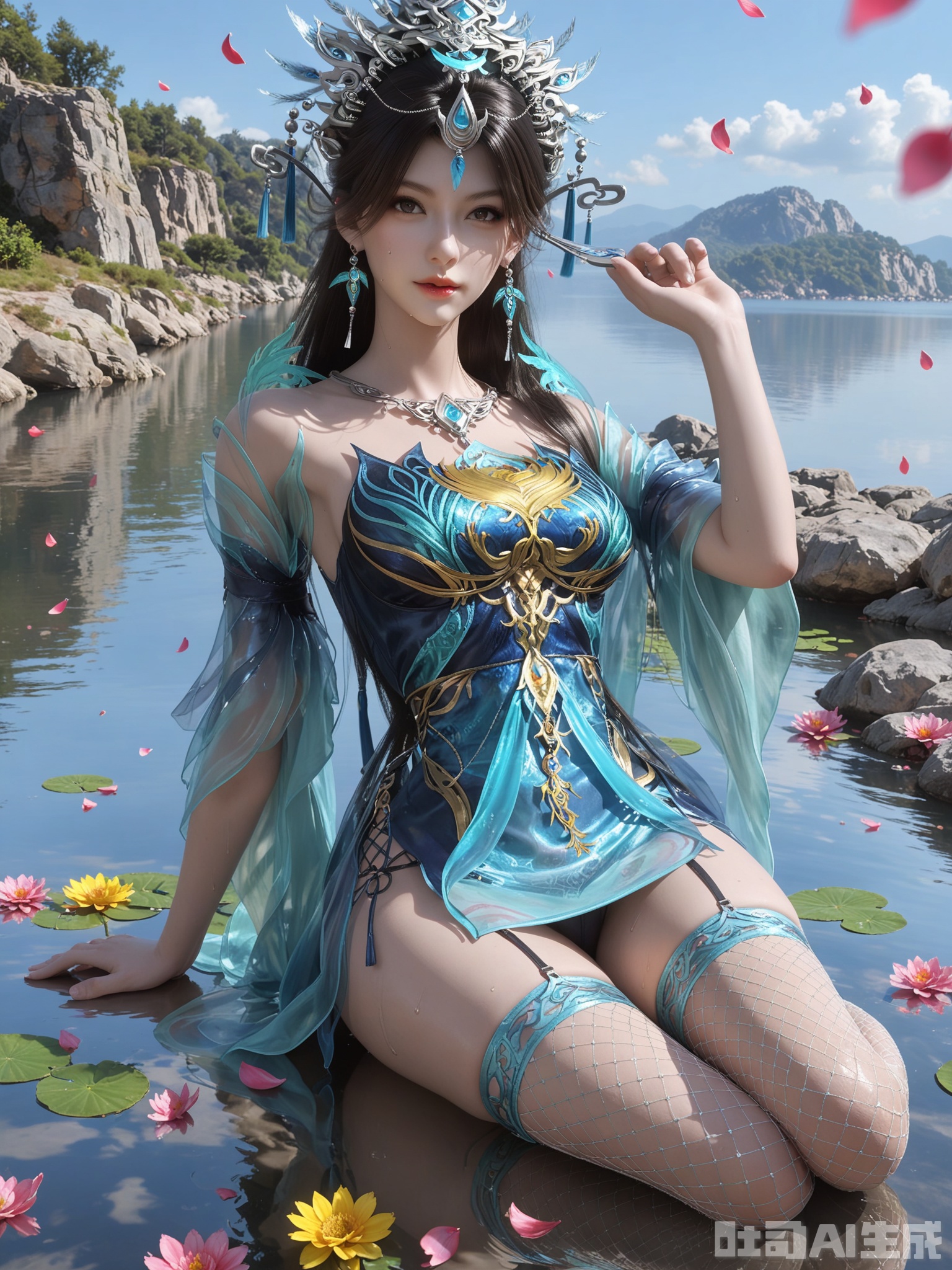 score_9,score_8_up,score_7_up,realistic,photorealistic,1girl,looking_at_viewer,realistic,1girl,Vivid Colors,bright environment,delicate water,hair_ornament,shiny skin,shiny hair,reflection,dress,flower sea,falling petals,extreme detail description,(upper body:0.3),put one hand on your side,long_hair,(skindentation:1.3),Fishnet stockings,bright,sunshine on face,light,sweating,dress,light,sitting_down,glowing,sunshine,bright,reflection,pale_skin,chinese clothes,