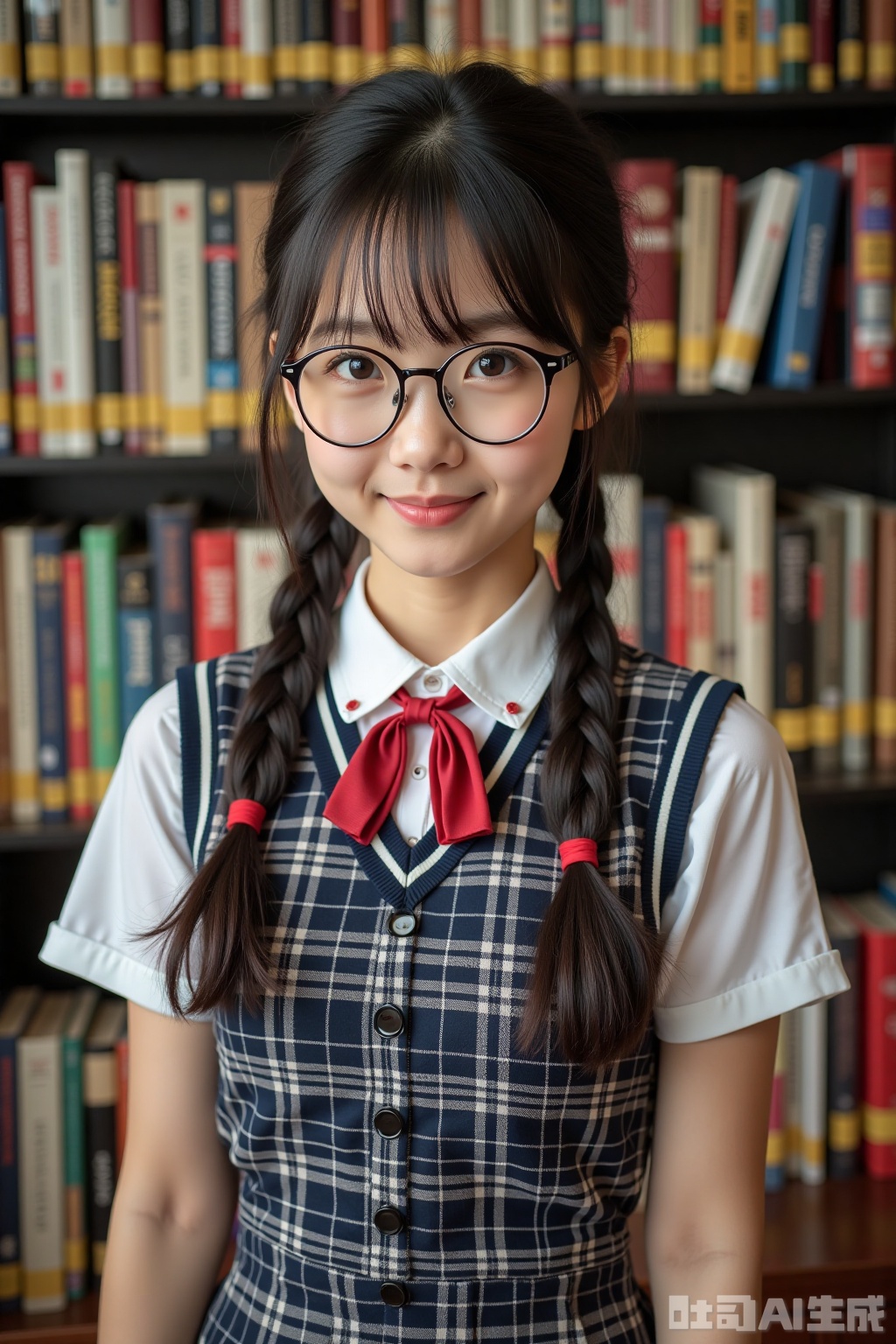 Realistic photo of a young woman with double braids, fashion glasses, fair skin, school uniform, plaid skirt, upper body, library,