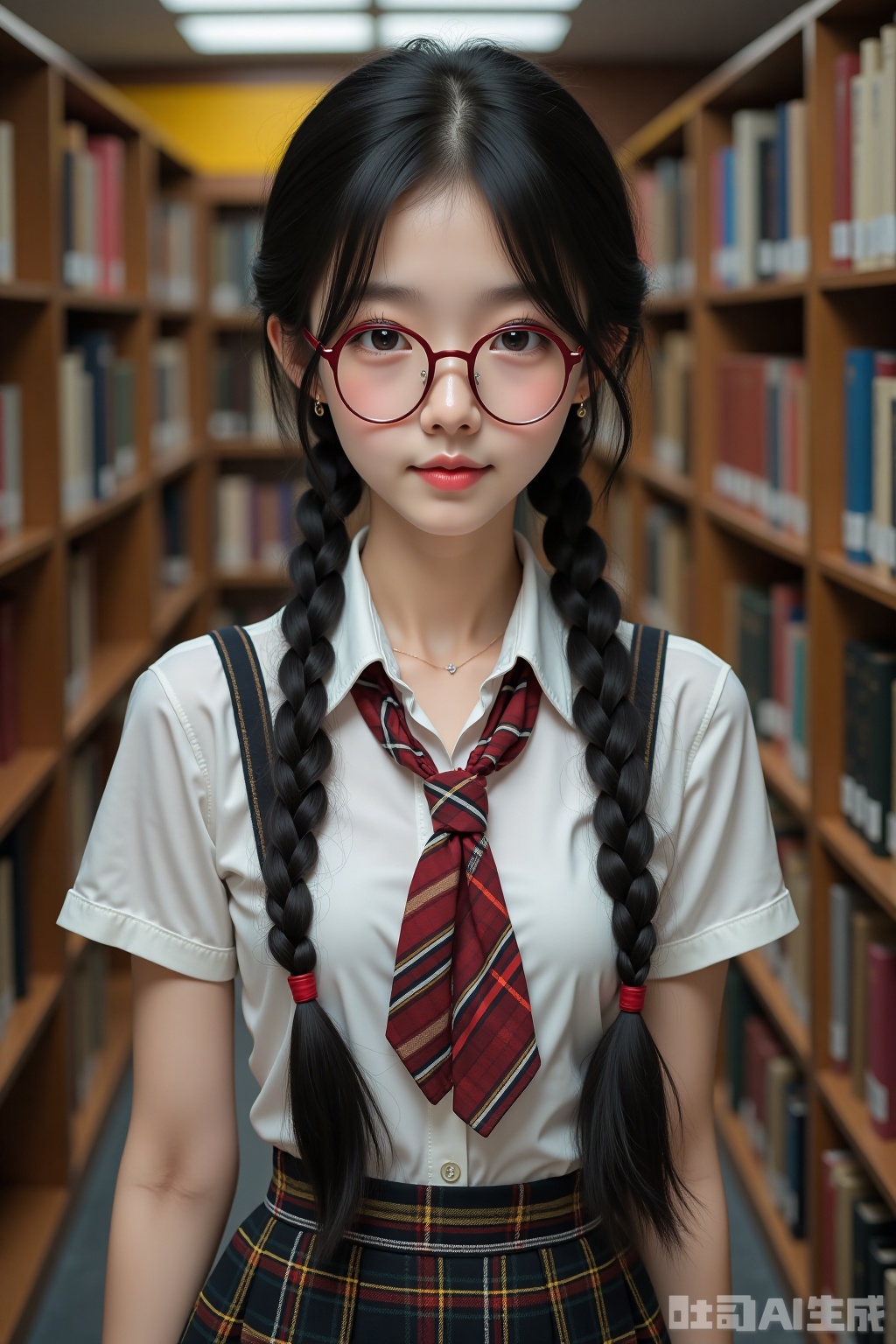 Realistic photo of a young woman with double braids, fashion glasses, fair skin, school uniform, plaid skirt, upper body, library,