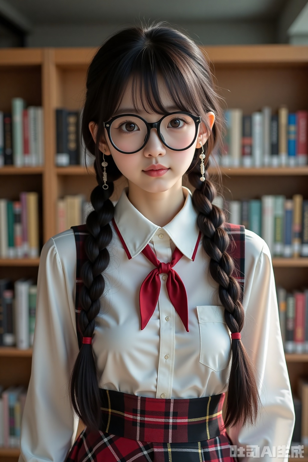 Realistic photo of a young woman with double braids, big glasses, fair skin, school uniform, plaid skirt, upper body, library,