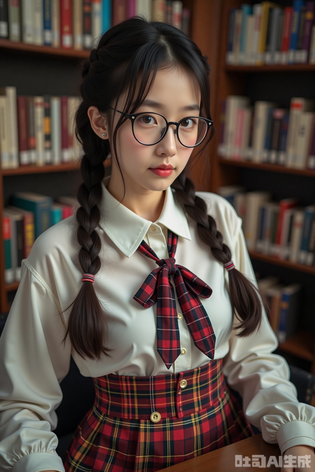Realistic photo of a young woman with double braids, fashion glasses, fair skin, school uniform, plaid skirt, upper body, library,