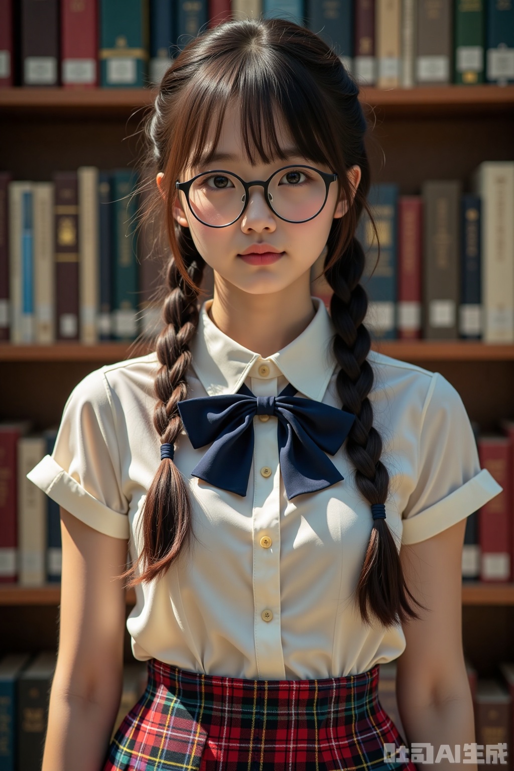 Realistic photo of a young woman with double braids, fashion glasses, fair skin, school uniform, plaid skirt, upper body, library,