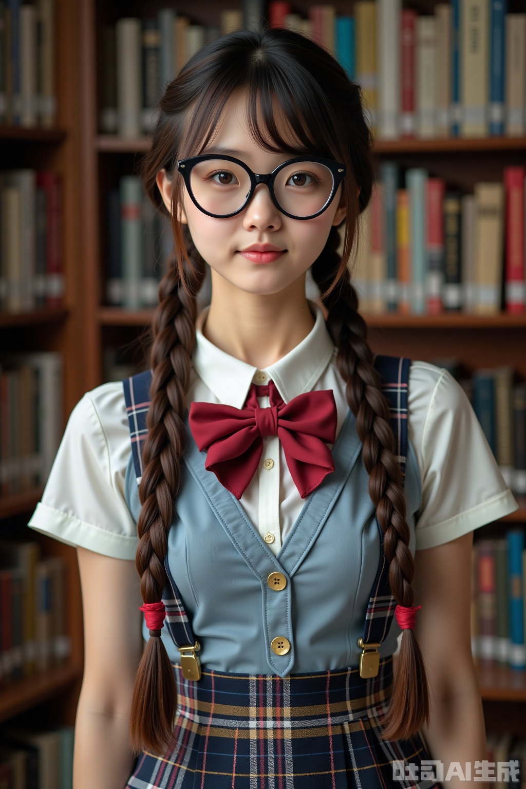 Realistic photo of a young woman with double braids, big glasses, fair skin, school uniform, plaid skirt, upper body, library,