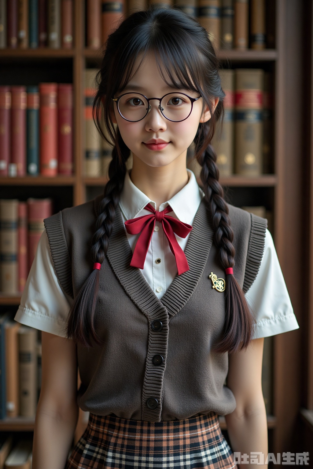 Realistic photo of a young woman with double braids, fashion glasses, fair skin, school uniform, plaid skirt, upper body, library,