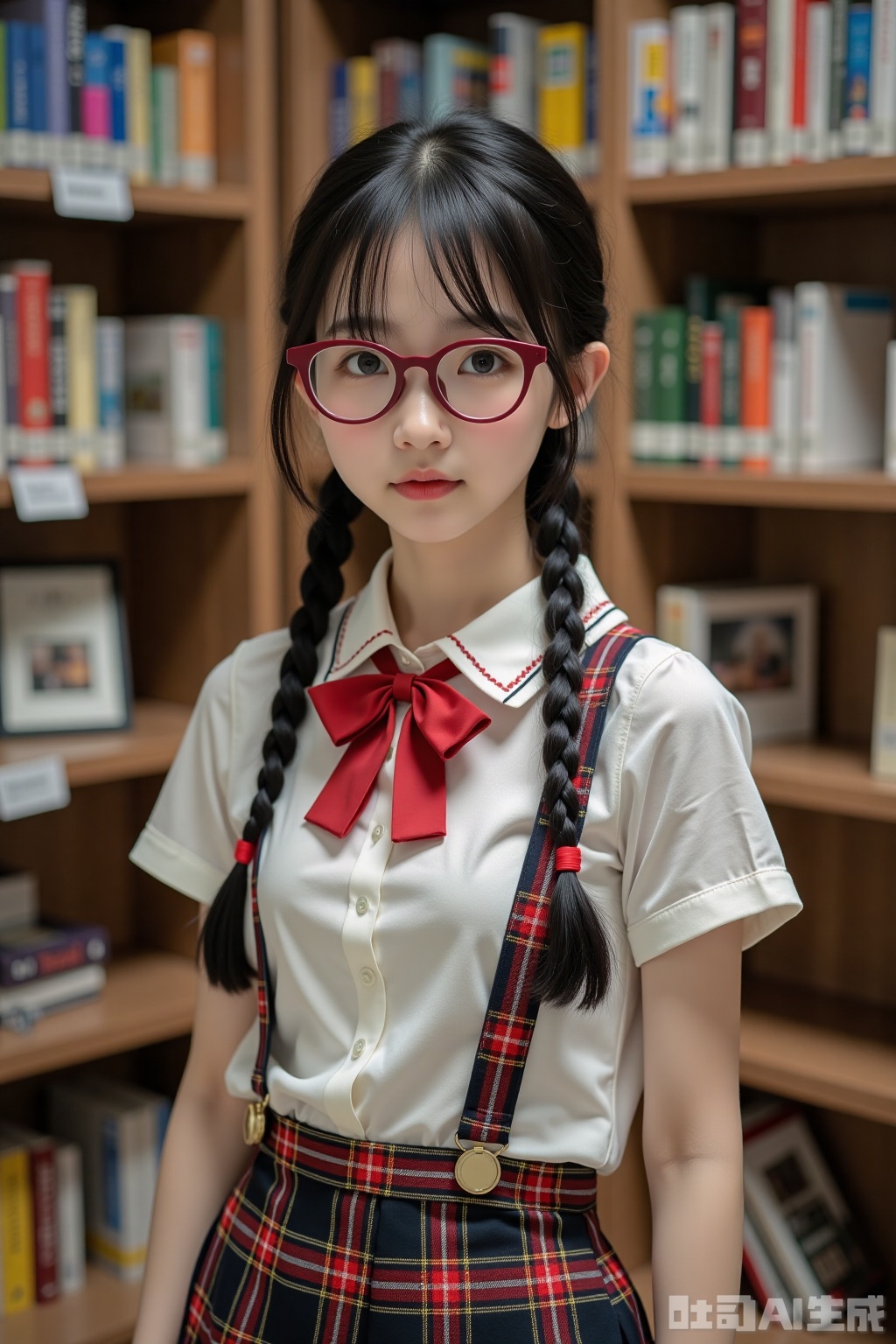 Realistic photo of a young woman with double braids, fashion glasses, fair skin, school uniform, plaid skirt, upper body, library,