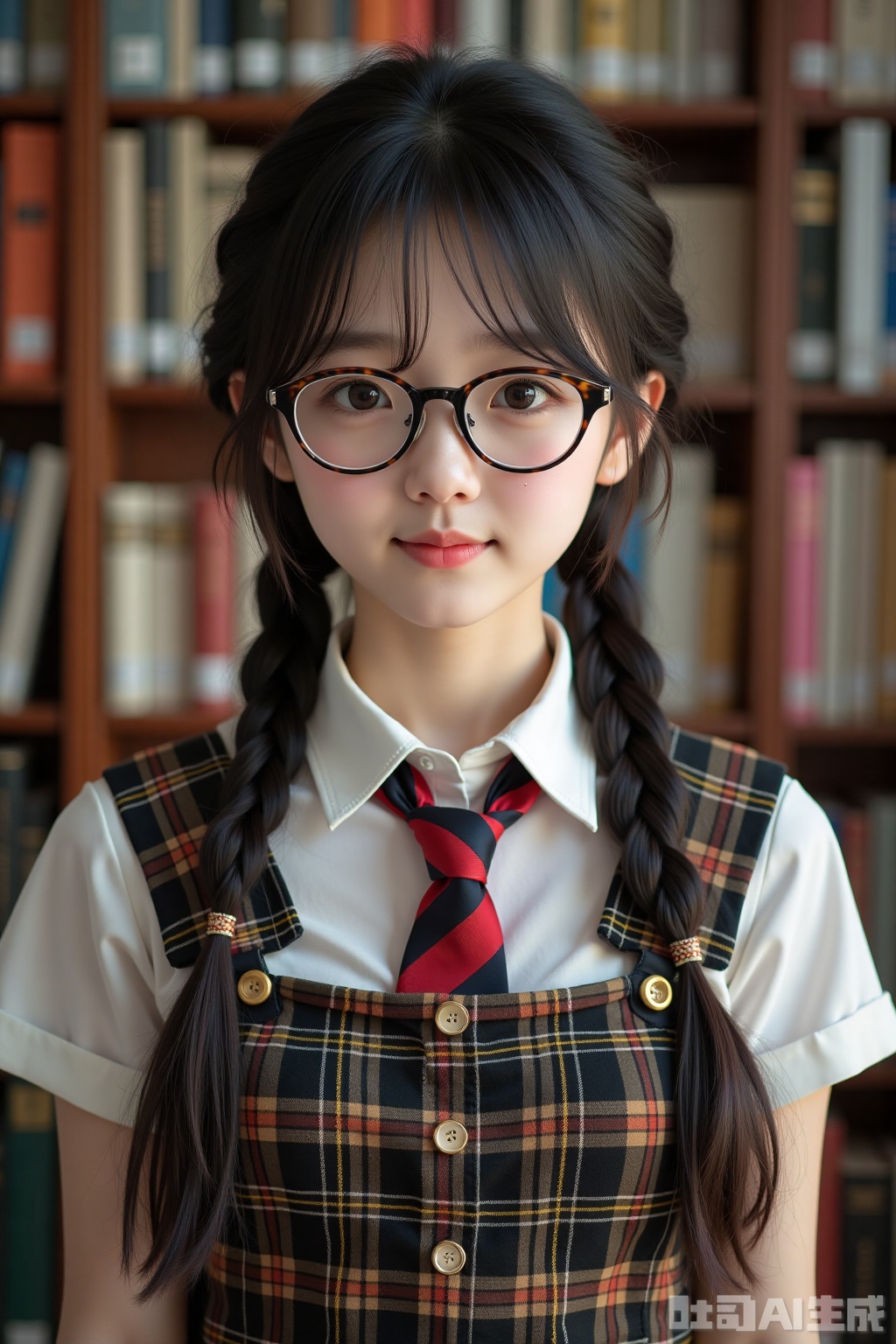 Realistic photo of a young woman with double braids, fashion glasses, fair skin, school uniform, plaid skirt, upper body, library,