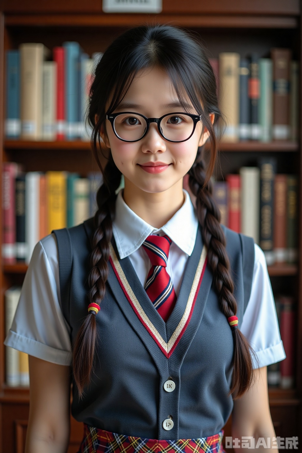 Realistic photo of a young woman with double braids, glasses, fair skin, school uniform, plaid skirt, upper body, library,