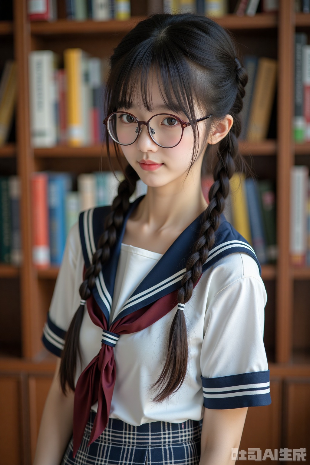 Realistic photo of a young woman with double braids, fashion glasses, fair skin, school uniform, plaid skirt, upper body, library,