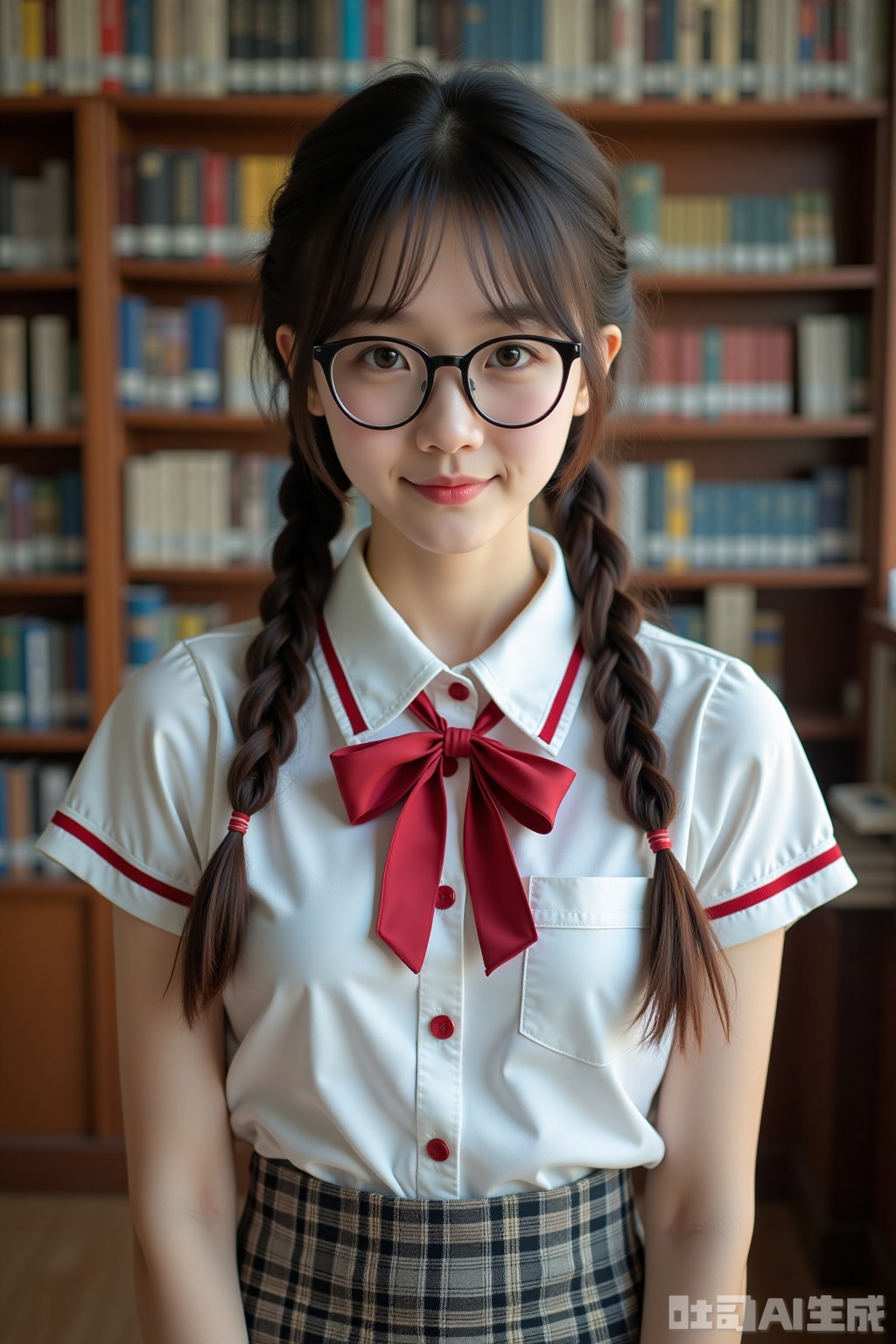 Realistic photo of a young woman with double braids, fashion glasses, fair skin, school uniform, plaid skirt, upper body, library,