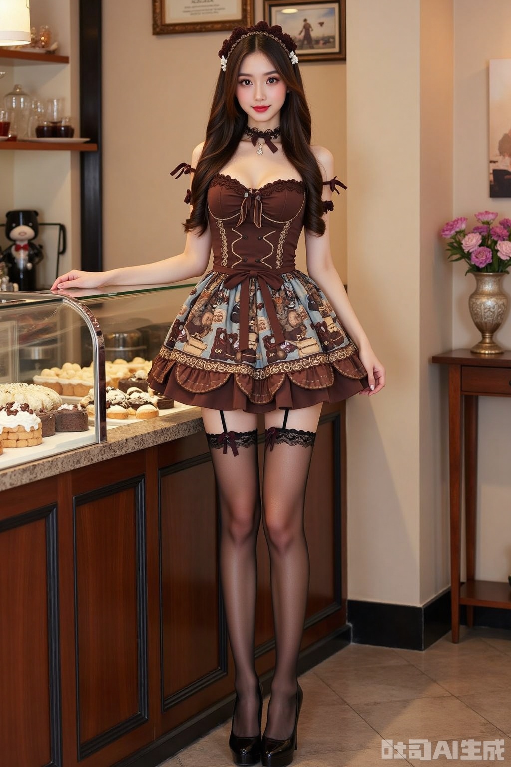 Realistic photo of a young woman with long hair, fair skin, big breasts, chocolate dessert lolita, patterned pantyhose, (long legs), fashionable high heels, full body, dessert shop,