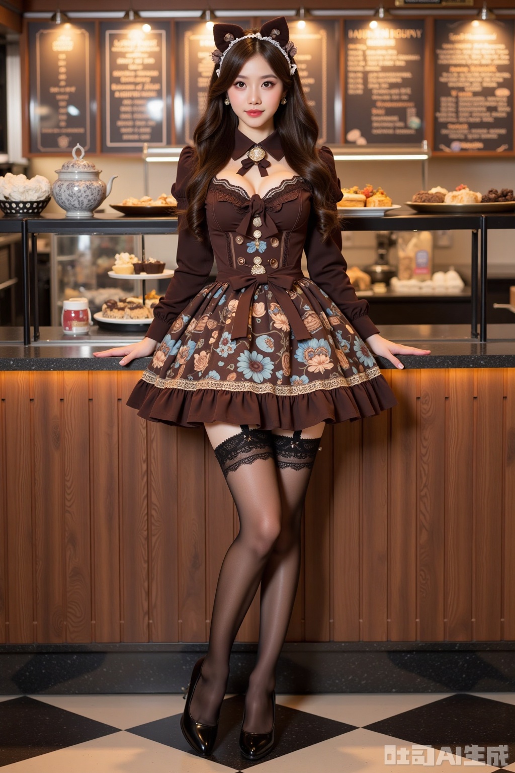 Realistic photo of a young woman with long hair, fair skin, big breasts, chocolate dessert lolita, patterned pantyhose, (long legs), fashionable high heels, full body, dessert shop,
