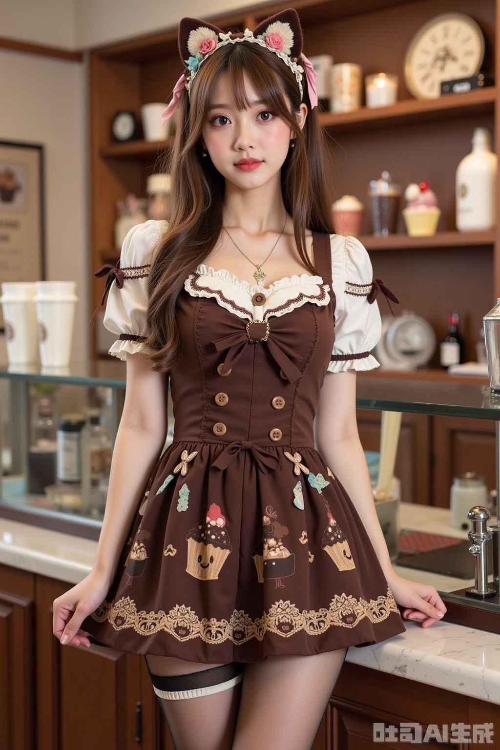Realistic photo of a young woman with long hair, fair skin, big breasts, chocolate dessert lolita, patterned pantyhose, (long legs), fashionable high heels, full body, dessert shop,