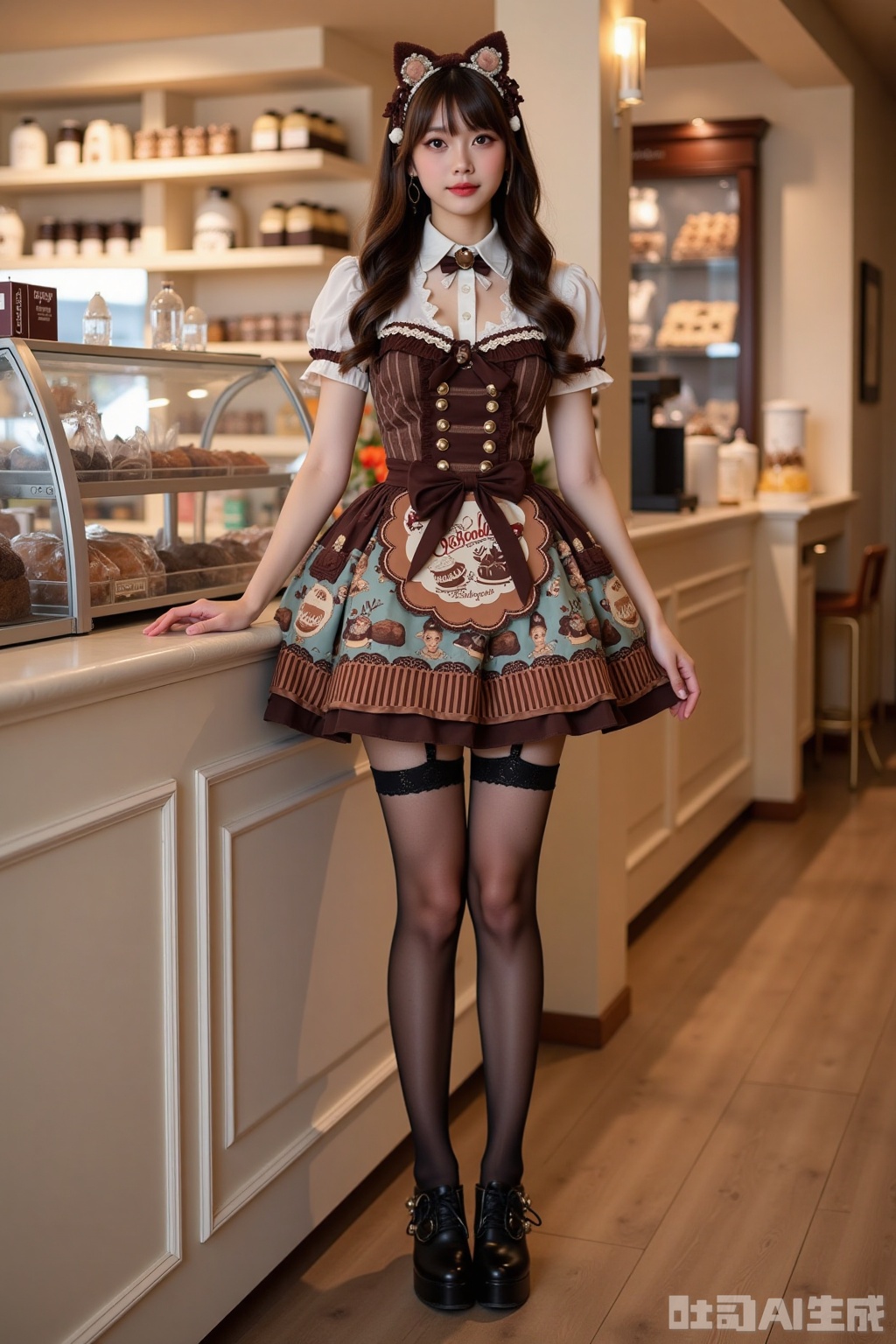 Realistic photo of a young woman with long hair, fair skin, big breasts, chocolate dessert lolita, patterned pantyhose, (long legs), fashionable high heels, full body, dessert shop,