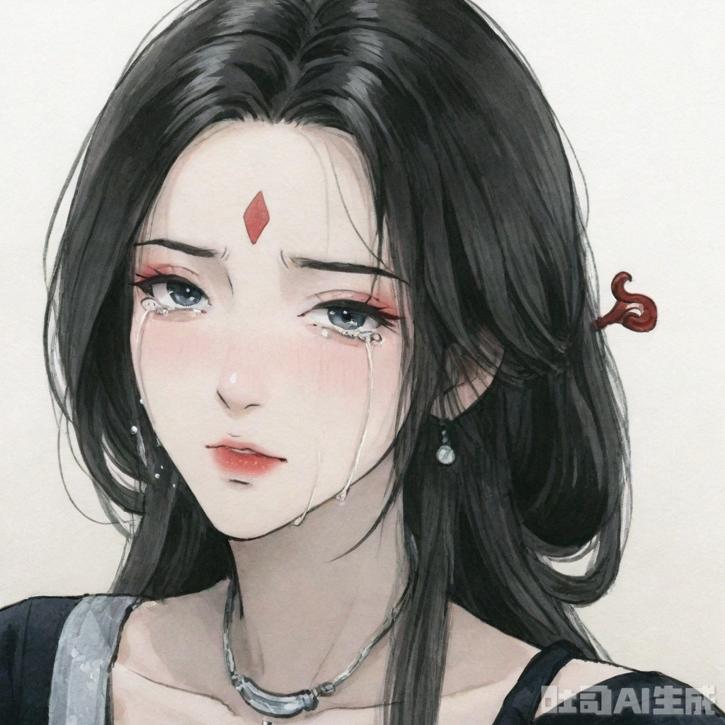 ((very awa)),(solo),highly detailed,(best quality),((masterpiece)),1girl,chi,,ge,,traditional media,painting \(medium\),watercolor \(medium\),looking_at_viewer,simple background,,shixiao,black hair,long hair,jewelry,necklace,makeup,facial mark,purple lips,forehead mark,portrait,tears,rolling_eyes,female_orgasm,