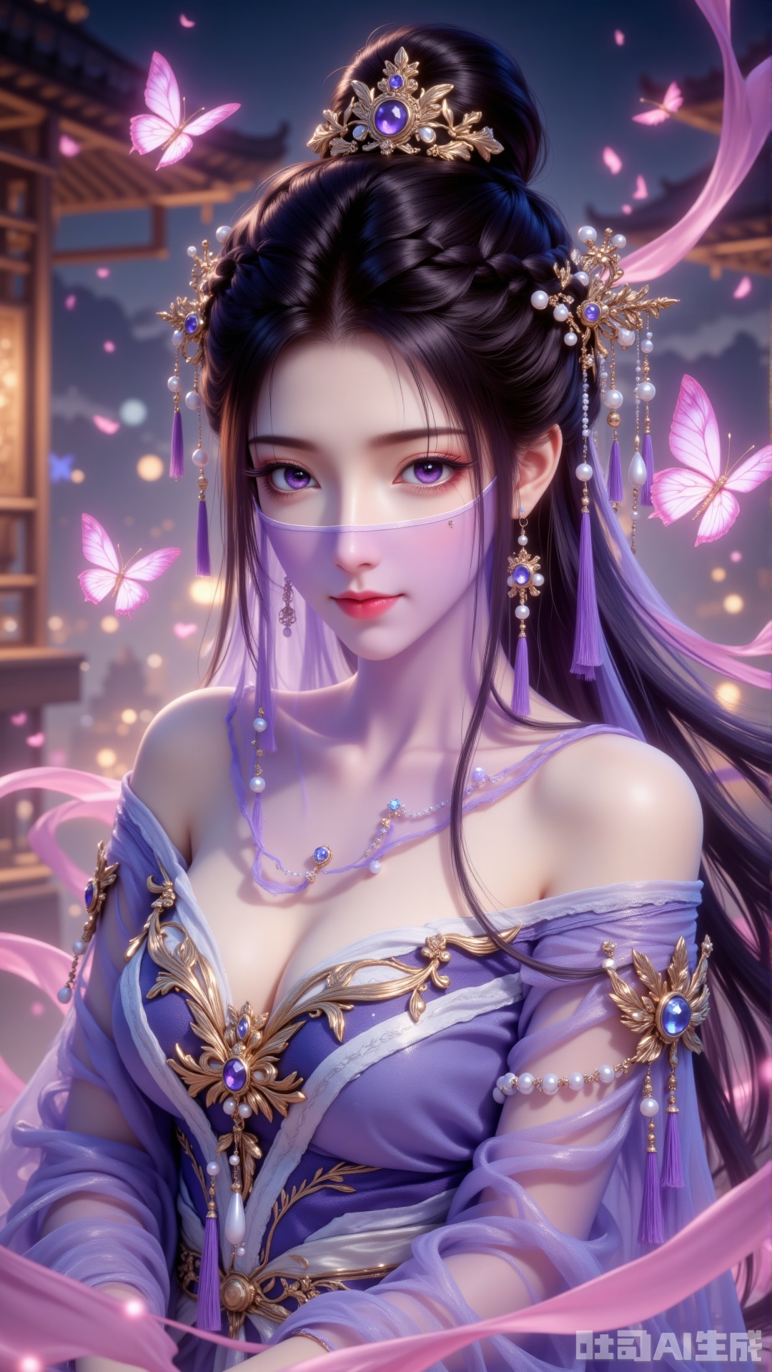 The main subject of the image is a woman in traditional attire. She wears a high bun, with a golden hair ornament inlaid with blue-purple gemstones on top of her head and a hairpin with pearls and small golden decorations inserted on the side; her long hair is braided and hangs down beside her shoulders. A light purple veil covers her face, with tiny tassels on the edge; her purple pupils are paired with exquisite eye makeup, long eyelashes, and light pink lipstick on her lips. She wears golden star-patterned earrings on her ears, with pearls and purple tassels hanging below. Dressed in a purple off-shoulder long dress with a white inner lining at the neckline, the chest is decorated with golden patterns, gemstones, and pearls, appearing luxurious. The background is a blurred night scene with lights, surrounded by pink butterflies and purple and pink ribbons. The overall atmosphere is dreamy and elegant, with dominant purple and pink tones; golden decorations add a sense of nobility, butterflies and ribbons add dynamic rhythm, and the blurred background emphasizes the main subject.