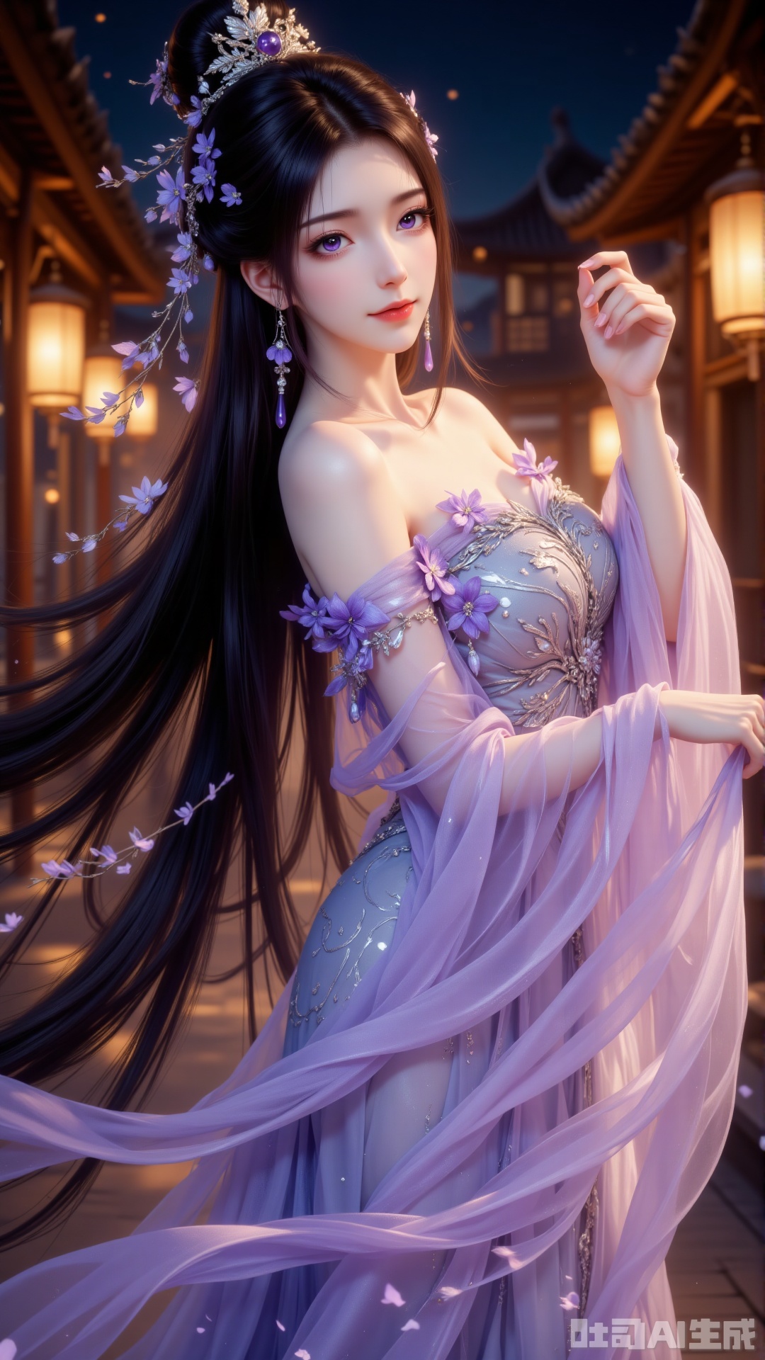 The main subject of the image is a woman in classical, flowing attire—her long black hair styled into an elaborate high bun, adorned with purple silk flowers, blue leaves, and small white blossoms, with slightly curled ends falling over her shoulders. Her face has exquisite makeup: purple pupils, long lashes, light pink lips, and fair, radiant skin. She wears a light purple off-shoulder long dress, the top part made of transparent tulle with silver floral embroidery on the shoulders and cuffs, the skirt composed of multiple layers of lightweight purple tulle scattered with tiny sequins—when she moves, the skirt flutters in the wind, creating a lively, dynamic effect. The woman stands sideways, right hand gently touching her shoulder, left hand naturally extending to lift the skirt, exuding an elegant posture. The background is a nighttime Chinese scene: blurred wooden structures and hanging warm yellow lanterns create a soft halo, light shining from the side gilds her hair and skirt with a golden edge. The overall atmosphere is dreamy and warm, blending classical charm with romantic aura.
