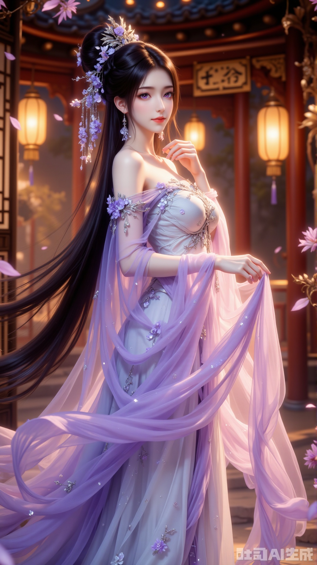 The main subject of the image is a woman in classical, flowing attire—her long black hair styled into an elaborate high bun, adorned with purple silk flowers, blue leaves, and small white blossoms, with slightly curled ends falling over her shoulders. Her face has exquisite makeup: purple pupils, long lashes, light pink lips, and fair, radiant skin. She wears a light purple off-shoulder long dress, the top part made of transparent tulle with silver floral embroidery on the shoulders and cuffs, the skirt composed of multiple layers of lightweight purple tulle scattered with tiny sequins—when she moves, the skirt flutters in the wind, creating a lively, dynamic effect. The woman stands sideways, right hand gently touching her shoulder, left hand naturally extending to lift the skirt, exuding an elegant posture. The background is a nighttime Chinese scene: blurred wooden structures and hanging warm yellow lanterns create a soft halo, light shining from the side gilds her hair and skirt with a golden edge. The overall atmosphere is dreamy and warm, blending classical charm with romantic aura.