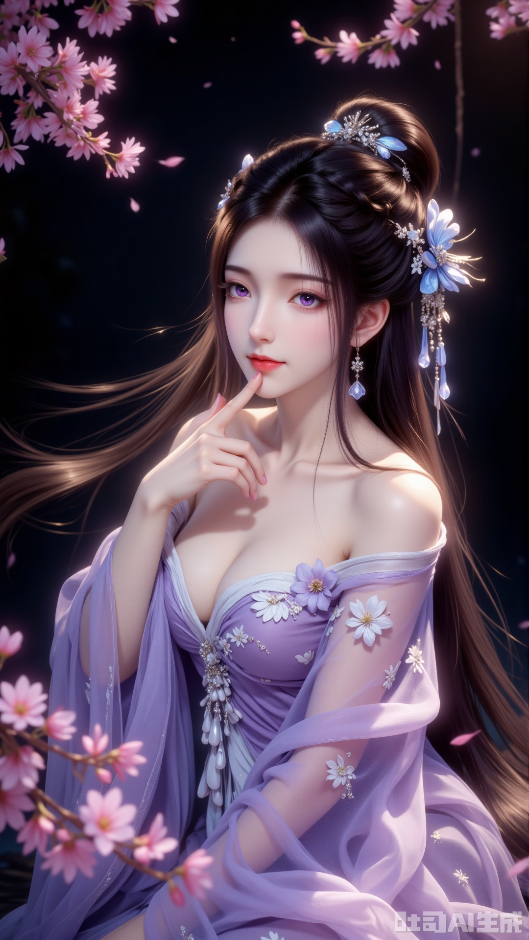 The main subject of the image is a woman in a classical gauze robe. Her long black hair is styled into an exquisite high bun, adorned with blue-and-white silk flowers and a blue butterfly hair accessory, with a few strands fluttering gently in the wind to add a lively, agile vibe. Her facial makeup is delicate: purple pupils framed by long eyelashes, slightly upturned eye corners, light pink lipstick, and fair, radiant skin. She wears a light purple transparent gauze robe embroidered with white flower and leaf patterns, its neckline featuring an irregular off-shoulder design; the wide sleeves hang to her wrists, the fabric swaying gently in the wind with a texture as light as mist. Sitting sideways, she raises her right hand, fingertips brushing her chest, her posture gentle and elegant. The background is deep black, surrounded by pink cherry blossom branches—both foreground and background blossoms are blurred, creating depth. Side light from the upper left gilds the edges of her hair, shoulders, neck, and robe with a soft golden halo. The overall atmosphere is dreamy and romantic, blending classical charm with ethereal beauty.