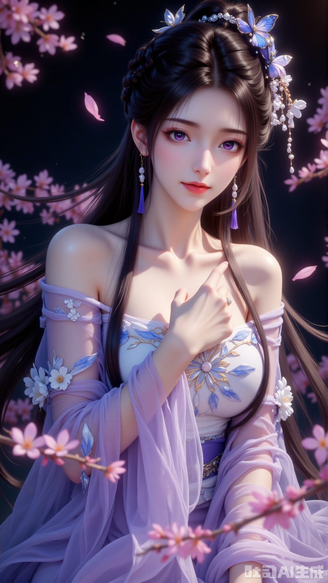 The main subject of the image is a woman in a classical gauze robe. Her long black hair is styled into an exquisite high bun, adorned with blue-and-white silk flowers and a blue butterfly hair accessory, with a few strands fluttering gently in the wind to add a lively, agile vibe. Her facial makeup is delicate: purple pupils framed by long eyelashes, slightly upturned eye corners, light pink lipstick, and fair, radiant skin. She wears a light purple transparent gauze robe embroidered with white flower and leaf patterns, its neckline featuring an irregular off-shoulder design; the wide sleeves hang to her wrists, the fabric swaying gently in the wind with a texture as light as mist. Sitting sideways, she raises her right hand, fingertips brushing her chest, her posture gentle and elegant. The background is deep black, surrounded by pink cherry blossom branches—both foreground and background blossoms are blurred, creating depth. Side light from the upper left gilds the edges of her hair, shoulders, neck, and robe with a soft golden halo. The overall atmosphere is dreamy and romantic, blending classical charm with ethereal beauty.