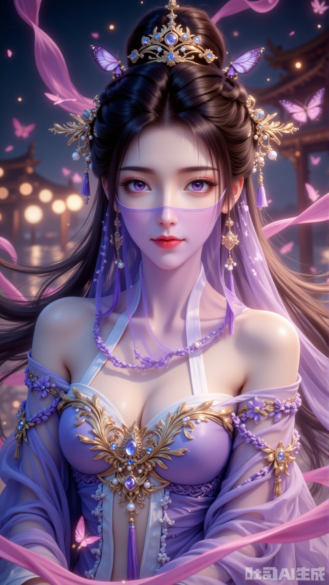 The main subject of the image is a woman in traditional attire. She wears a high bun, with a golden hair ornament inlaid with blue-purple gemstones on top of her head and a hairpin with pearls and small golden decorations inserted on the side; her long hair is braided and hangs down beside her shoulders. A light purple veil covers her face, with tiny tassels on the edge; her purple pupils are paired with exquisite eye makeup, long eyelashes, and light pink lipstick on her lips. She wears golden star-patterned earrings on her ears, with pearls and purple tassels hanging below. Dressed in a purple off-shoulder long dress with a white inner lining at the neckline, the chest is decorated with golden patterns, gemstones, and pearls, appearing luxurious. The background is a blurred night scene with lights, surrounded by pink butterflies and purple and pink ribbons. The overall atmosphere is dreamy and elegant, with dominant purple and pink tones; golden decorations add a sense of nobility, butterflies and ribbons add dynamic rhythm, and the blurred background emphasizes the main subject.