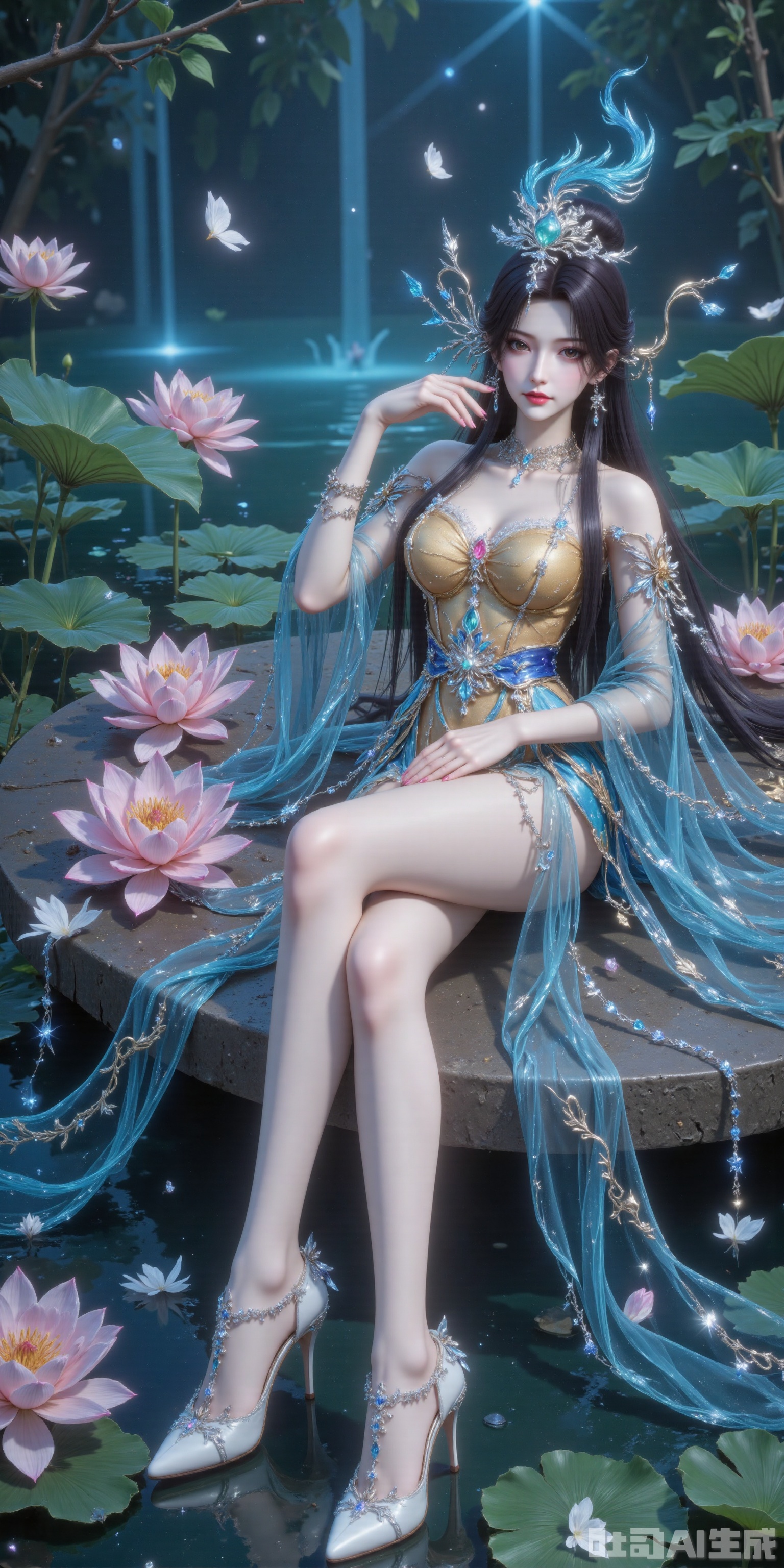 A gentle breeze carries the fragrance of lotus blossoms as Xiao Bai reclines upon a floating raft of lily pads, her blue gown cascading like liquid starlight. black tresses flutter in the wind, the twelve-jade hairpin's pendants waltzing with falling cherry petals. Sheer stockings trace the elegant lines of her legs, while pearl-encrusted shoes skim the emerald waters, conjuring gilded ripples.
﻿
Shot from beneath the lotus leaves, the 8K resolution crystallizes her reflection amidst the sakura blizzard. When zephyrs caress the scene, the frame reveals stardust swirling in her moon-drop earrings and the 360 hidden lotus blossoms embroidered with celestial silk unfurling in slow motion.
lvjing,xiaobai, high heels,high heels