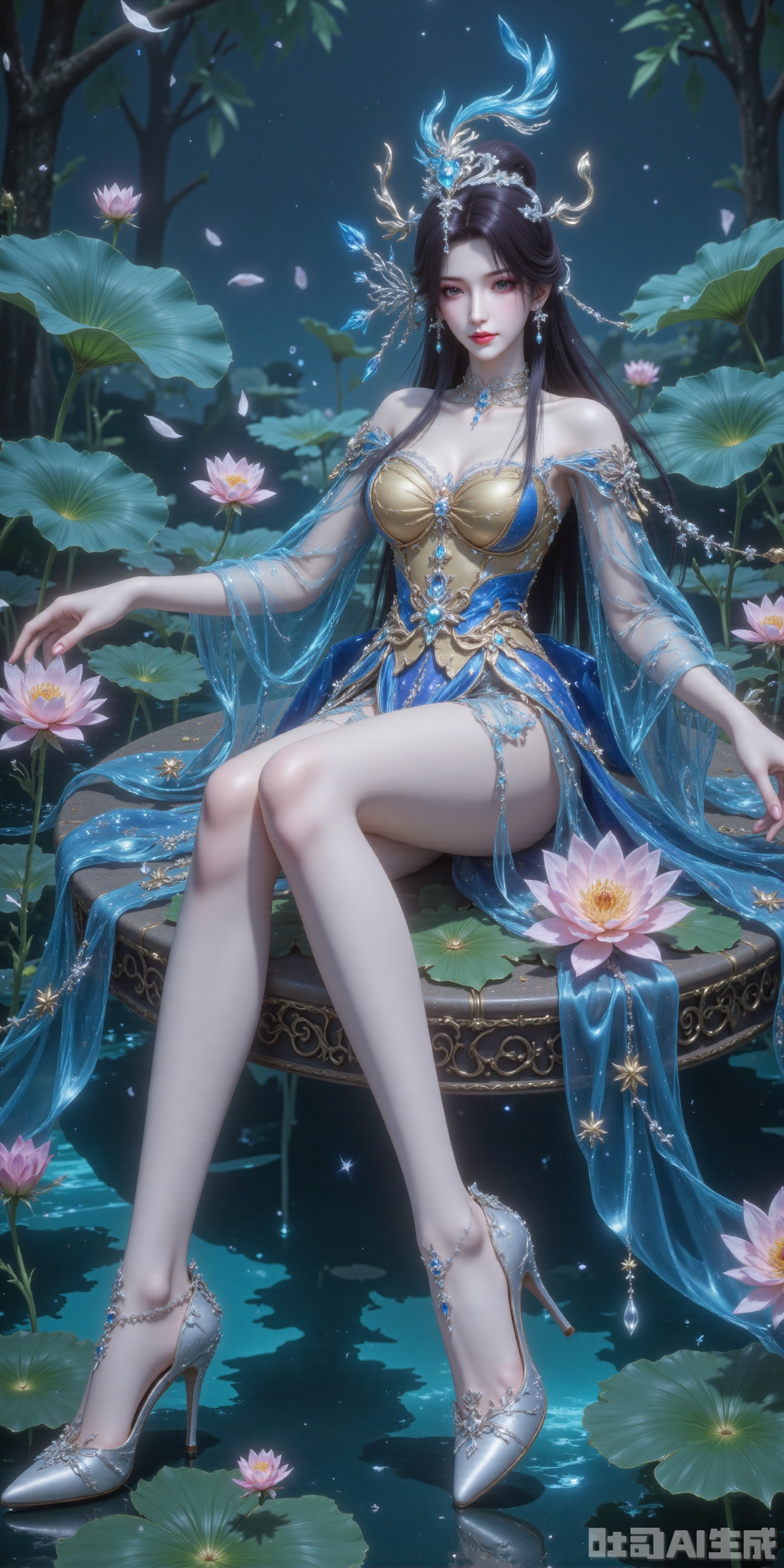A gentle breeze carries the fragrance of lotus blossoms as Xiao Bai reclines upon a floating raft of lily pads, her blue gown cascading like liquid starlight. black tresses flutter in the wind, the twelve-jade hairpin's pendants waltzing with falling cherry petals. Sheer stockings trace the elegant lines of her legs, while pearl-encrusted shoes skim the emerald waters, conjuring gilded ripples.
﻿
Shot from beneath the lotus leaves, the 8K resolution crystallizes her reflection amidst the sakura blizzard. When zephyrs caress the scene, the frame reveals stardust swirling in her moon-drop earrings and the 360 hidden lotus blossoms embroidered with celestial silk unfurling in slow motion.
lvjing,xiaobai, high heels,high heels