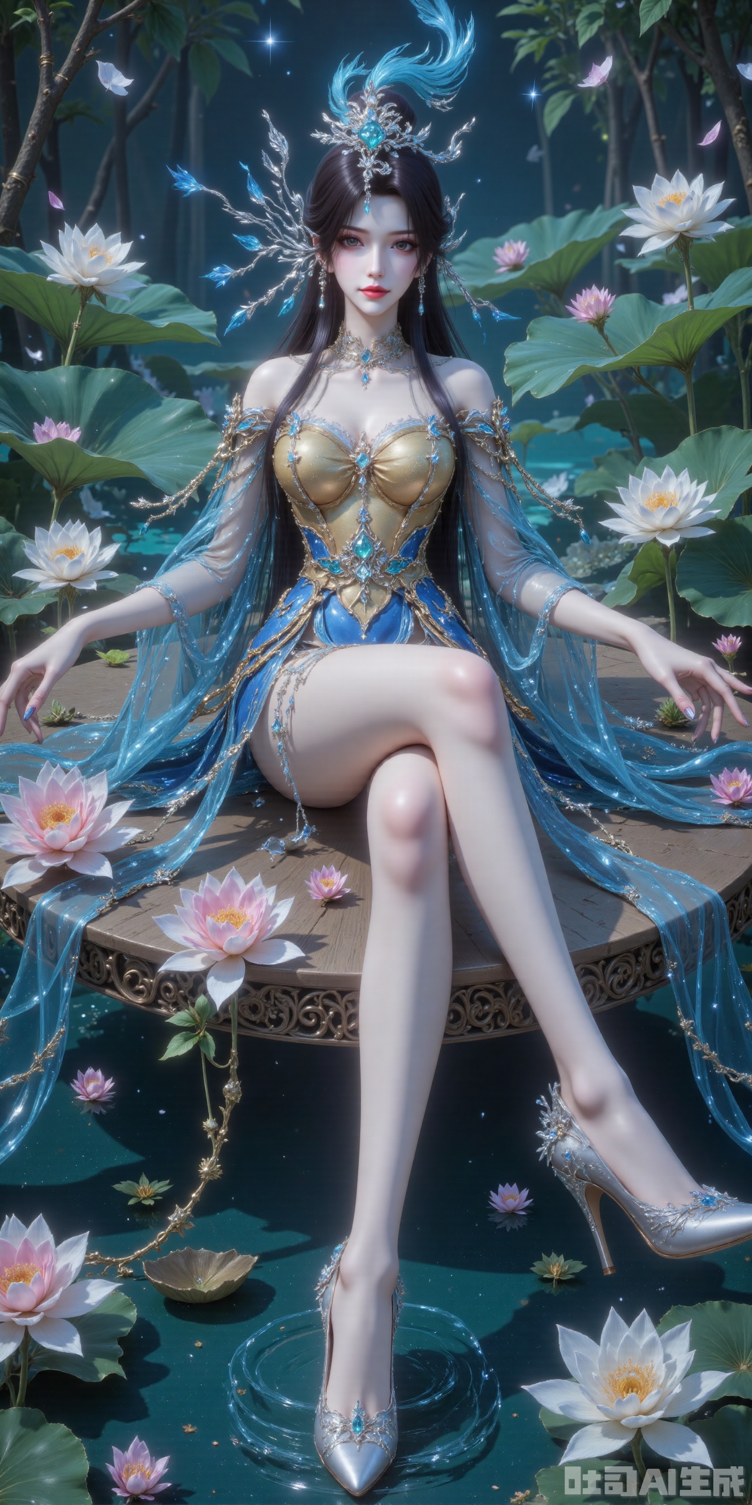 A gentle breeze carries the fragrance of lotus blossoms as Xiao Bai reclines upon a floating raft of lily pads, her blue gown cascading like liquid starlight. black tresses flutter in the wind, the twelve-jade hairpin's pendants waltzing with falling cherry petals. Sheer stockings trace the elegant lines of her legs, while pearl-encrusted shoes skim the emerald waters, conjuring gilded ripples.
﻿
Shot from beneath the lotus leaves, the 8K resolution crystallizes her reflection amidst the sakura blizzard. When zephyrs caress the scene, the frame reveals stardust swirling in her moon-drop earrings and the 360 hidden lotus blossoms embroidered with celestial silk unfurling in slow motion.
lvjing,xiaobai, high heels,high heels