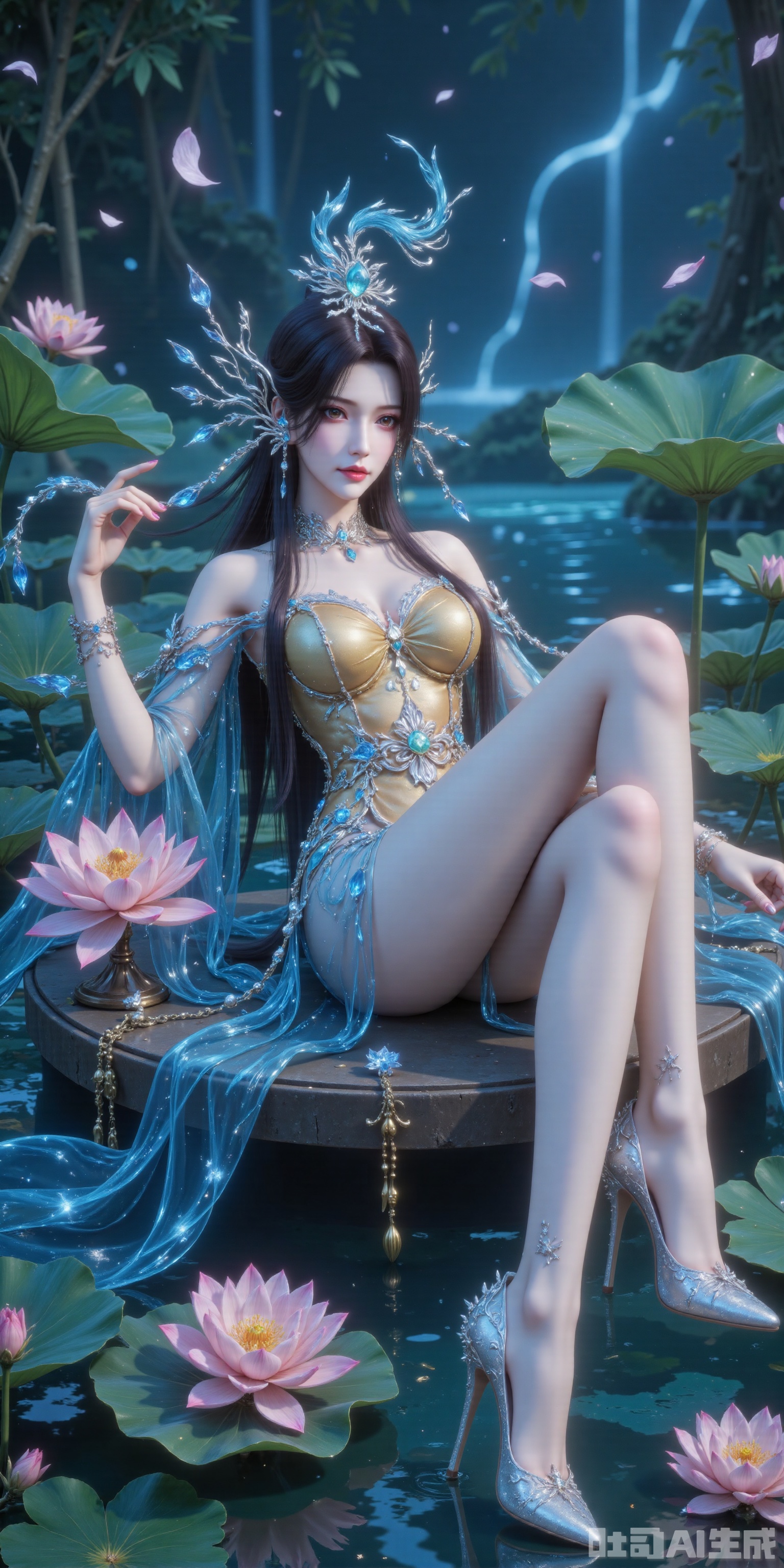 A gentle breeze carries the fragrance of lotus blossoms as Xiao Bai reclines upon a floating raft of lily pads, her blue gown cascading like liquid starlight. black tresses flutter in the wind, the twelve-jade hairpin's pendants waltzing with falling cherry petals. Sheer stockings trace the elegant lines of her legs, while pearl-encrusted shoes skim the emerald waters, conjuring gilded ripples.
﻿
Shot from beneath the lotus leaves, the 8K resolution crystallizes her reflection amidst the sakura blizzard. When zephyrs caress the scene, the frame reveals stardust swirling in her moon-drop earrings and the 360 hidden lotus blossoms embroidered with celestial silk unfurling in slow motion.
lvjing,xiaobai,embossed high heels,plns_high heels