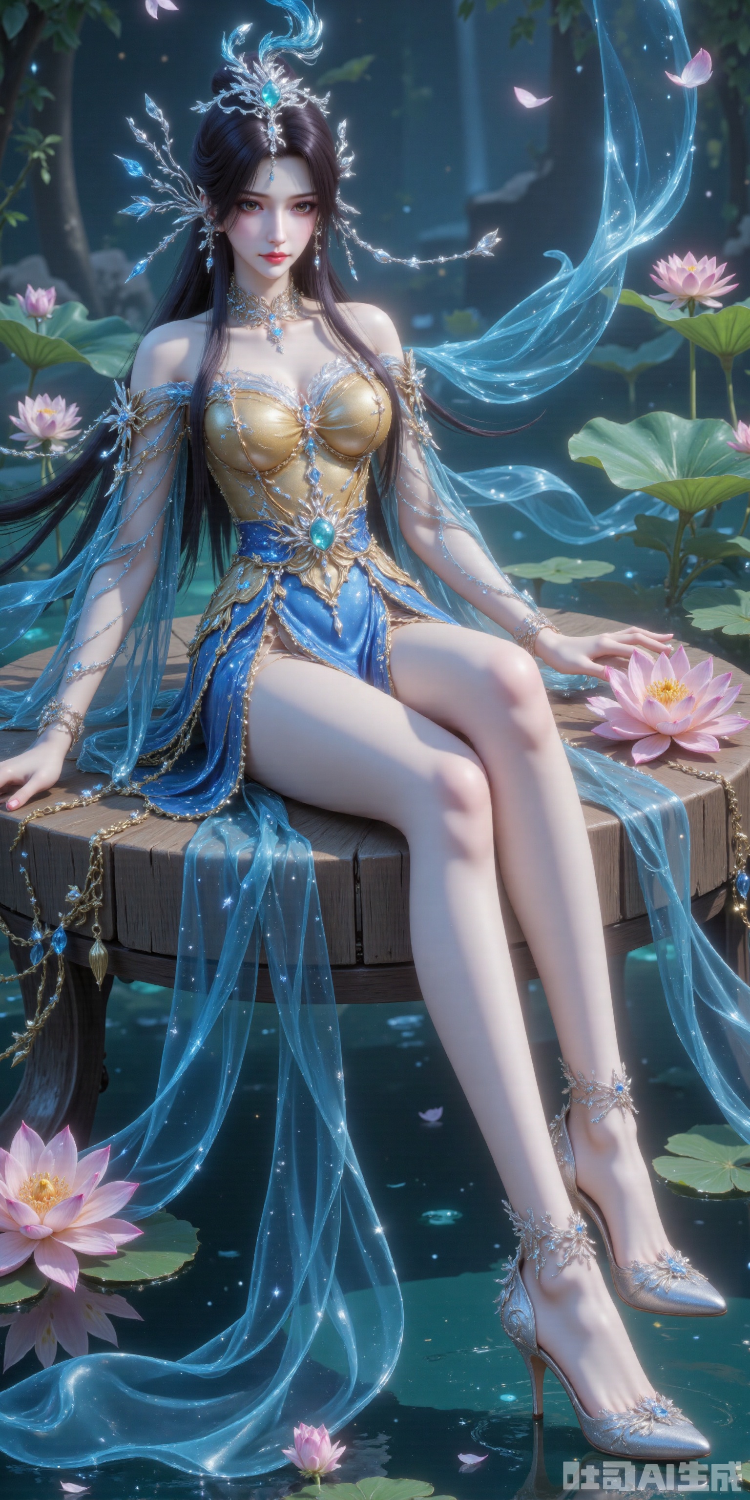 A gentle breeze carries the fragrance of lotus blossoms as Xiao Bai reclines upon a floating raft of lily pads, her blue gown cascading like liquid starlight. black tresses flutter in the wind, the twelve-jade hairpin's pendants waltzing with falling cherry petals. Sheer stockings trace the elegant lines of her legs, while pearl-encrusted shoes skim the emerald waters, conjuring gilded ripples.
﻿
Shot from beneath the lotus leaves, the 8K resolution crystallizes her reflection amidst the sakura blizzard. When zephyrs caress the scene, the frame reveals stardust swirling in her moon-drop earrings and the 360 hidden lotus blossoms embroidered with celestial silk unfurling in slow motion.
lvjing,xiaobai, high heels,high heels