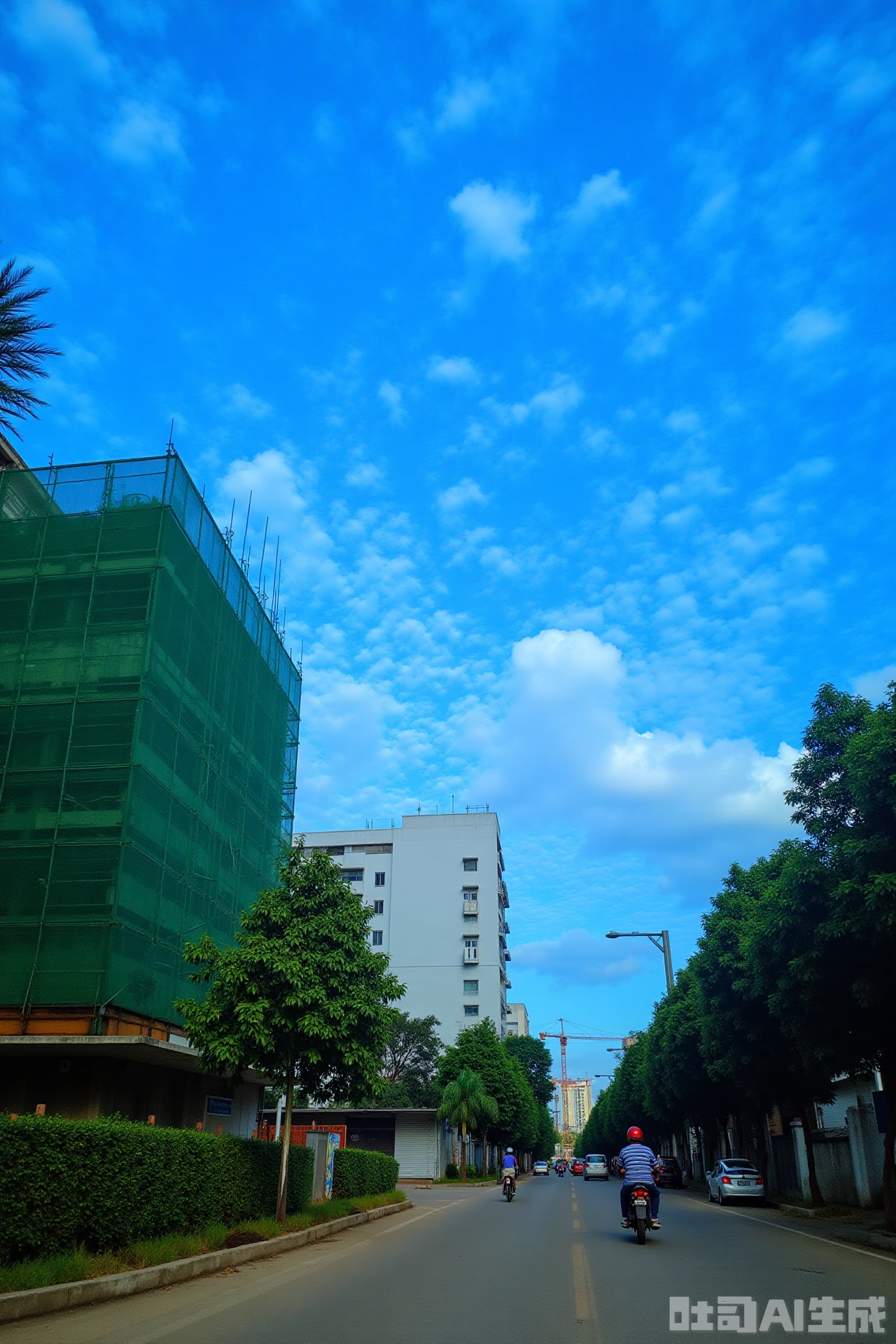 The image depicts a street scene under a bright blue sky with scattered white clouds. On the left side, there is a large building covered in green scaffolding, indicating ongoing construction. The building is surrounded by neatly trimmed bushes and trees. On the right side, there is a row of trees lining the street, and a building with a closed garage door. A person on a motorcycle is riding down the middle of the street, wearing a striped shirt and a red helmet. There are also a few cars parked along the street, and a construction crane can be seen in the distance. The overall atmosphere is calm and typical of a suburban or urban area.