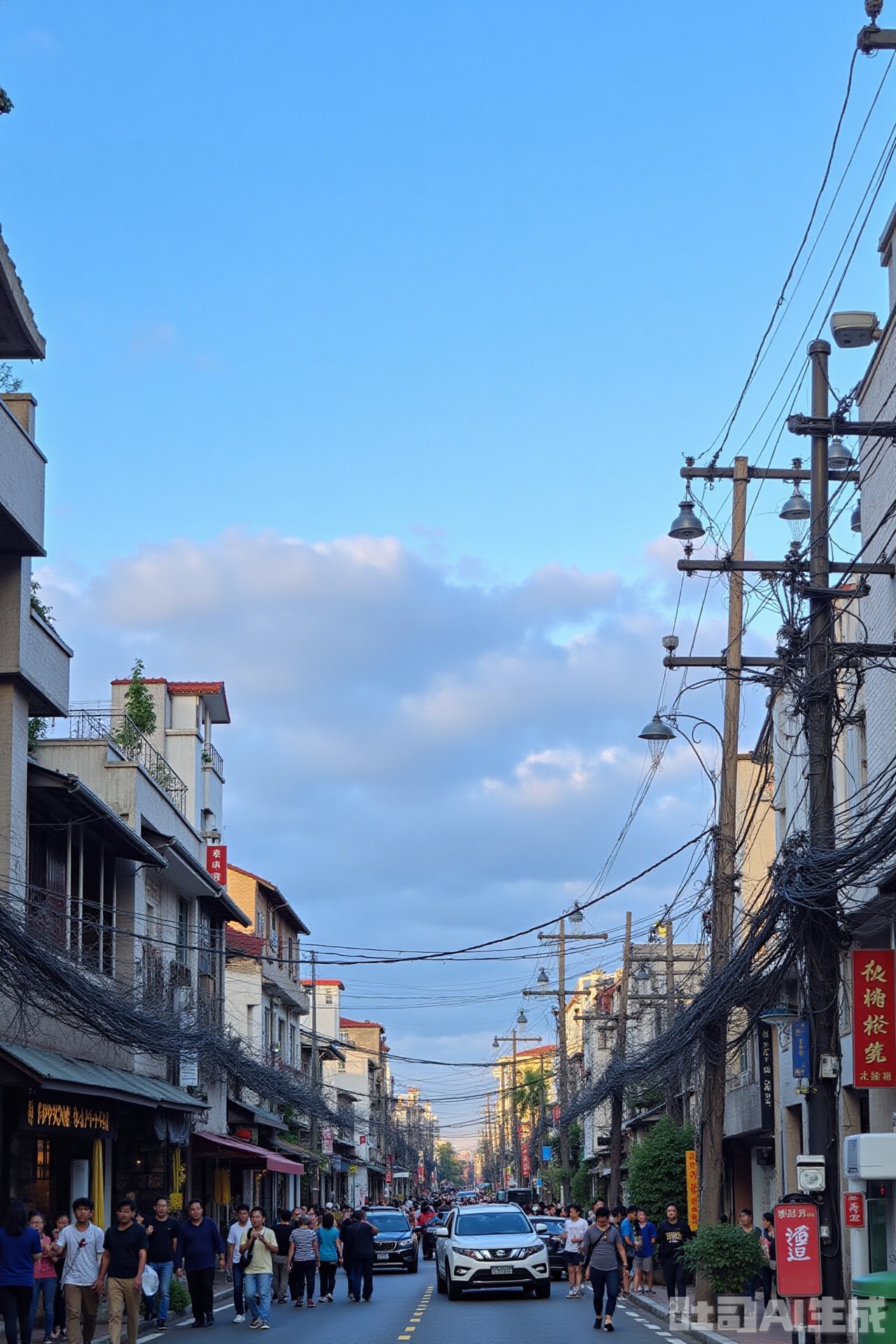 Chinese Street, people come and go, blue sky, white clouds,15634.DNG