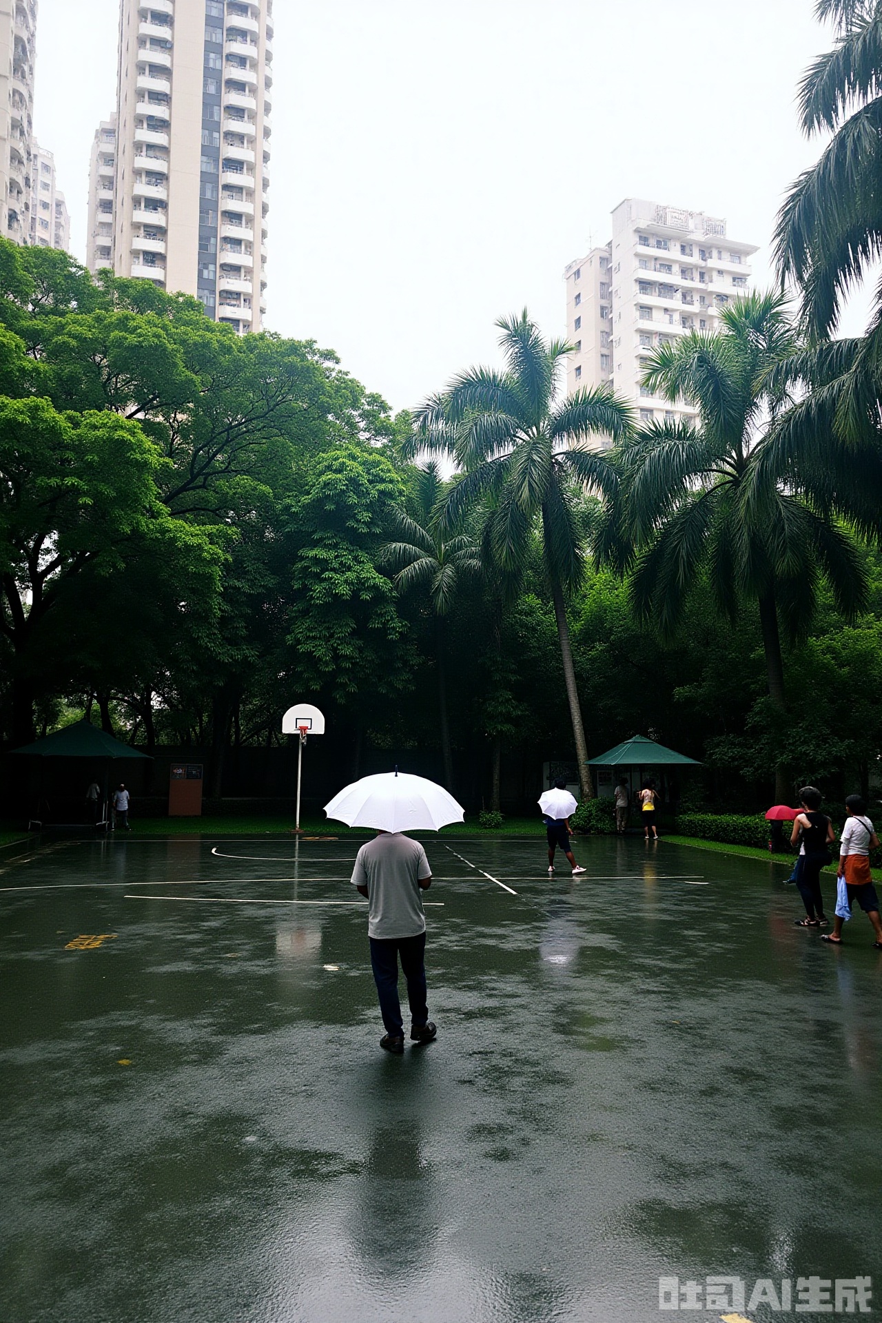 The image depicts a rainy day scene with a basketball court in the foreground. The ground is wet, reflecting the light, and there are puddles scattered around. A person is walking towards the camera holding a white umbrella, and there are other people in the background, some of whom are also using umbrellas. The basketball court is surrounded by lush greenery, including tall palm trees and dense foliage. In the background, there are several high-rise buildings, one of which is particularly prominent and has a distinctive curved design. The sky is overcast, contributing to the overall dim lighting of the scene.Life
